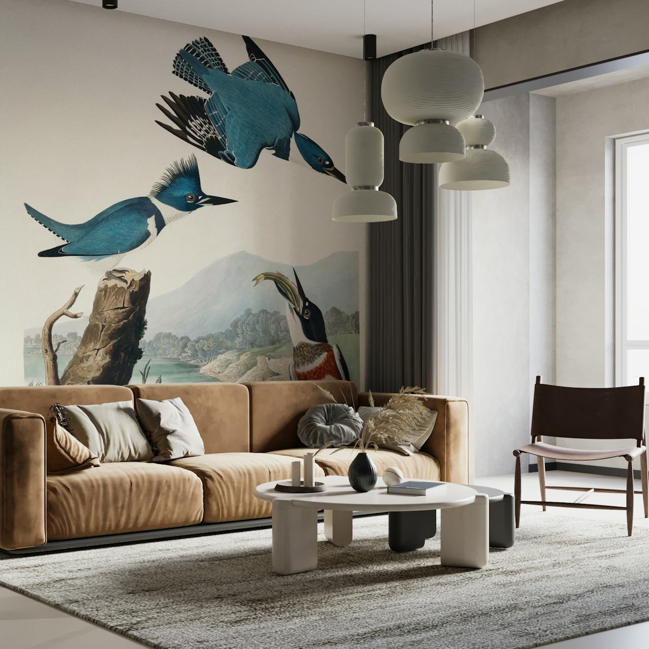 Antique Belted Kingfisher wallpaper in room