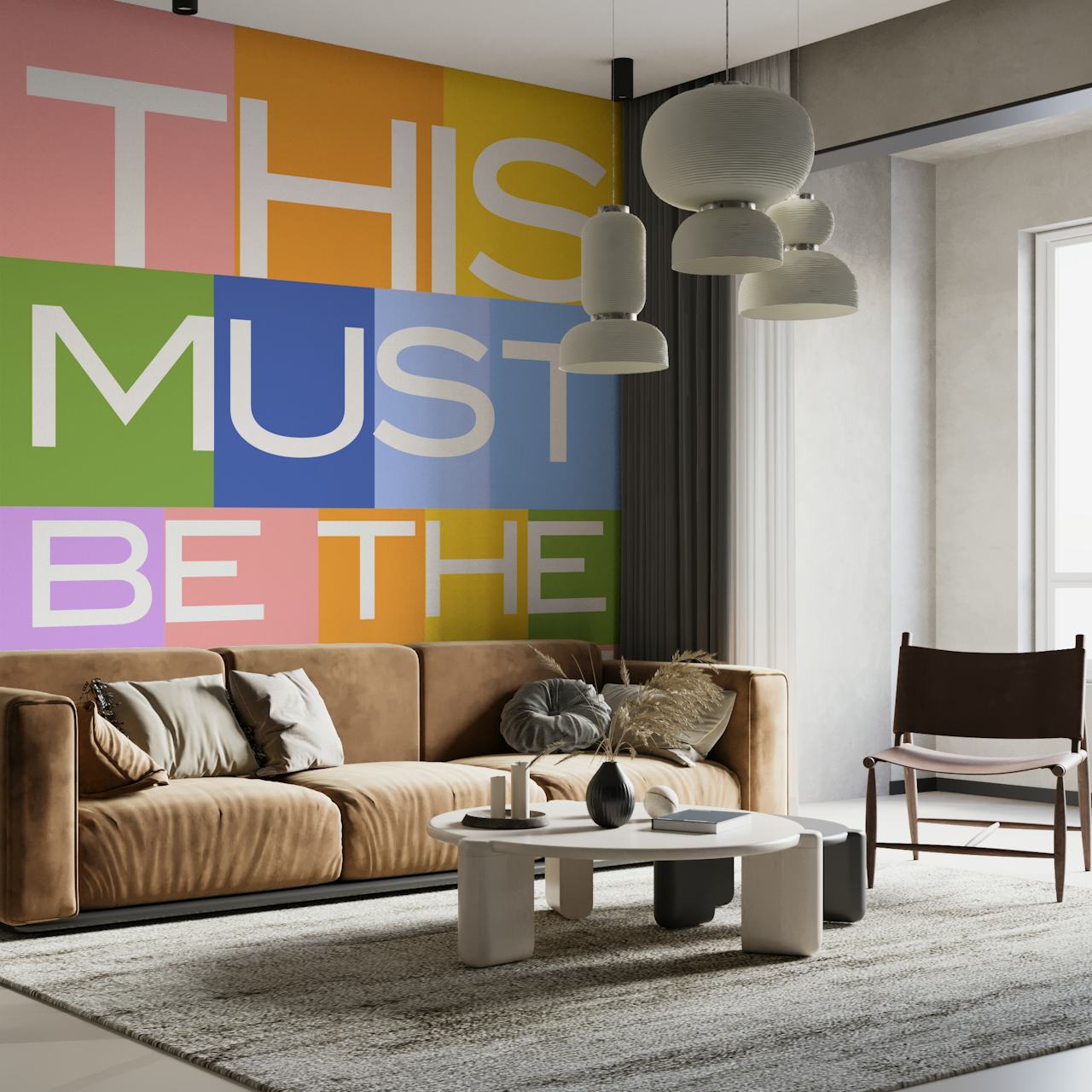 Färgglad tapet med This Must Be The Place text