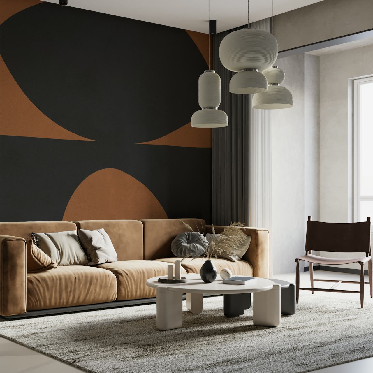 Veggmaleri i terrakotta og svarte geometriske former