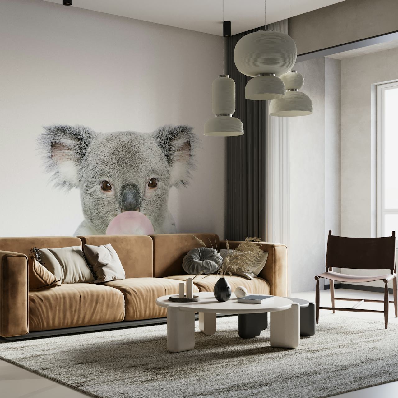 Koala chewing pink bubble gum with a white background wallpaper