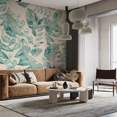Watercolour Tropical leaves - green pink