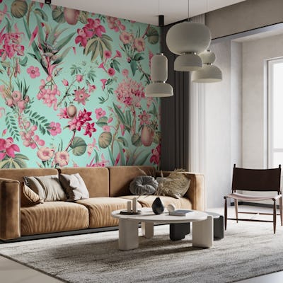 Tropical Jungle Flower And Fruit Garden Pattern In Pink And Teal