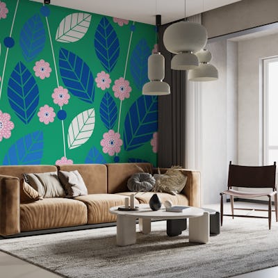 Moss green grass pink floral