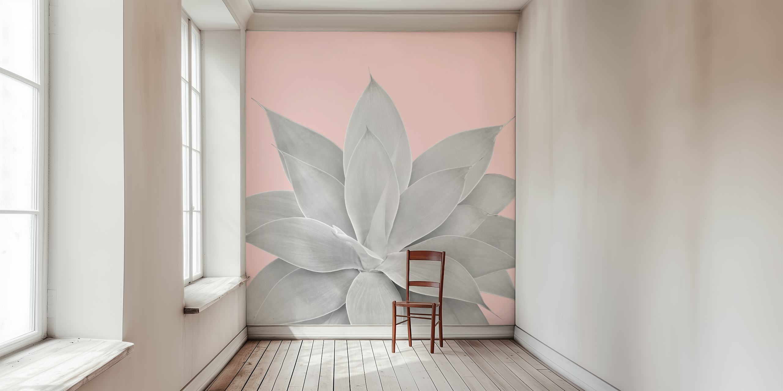 Large agave plant leaves in gray on a blush background wallpaper