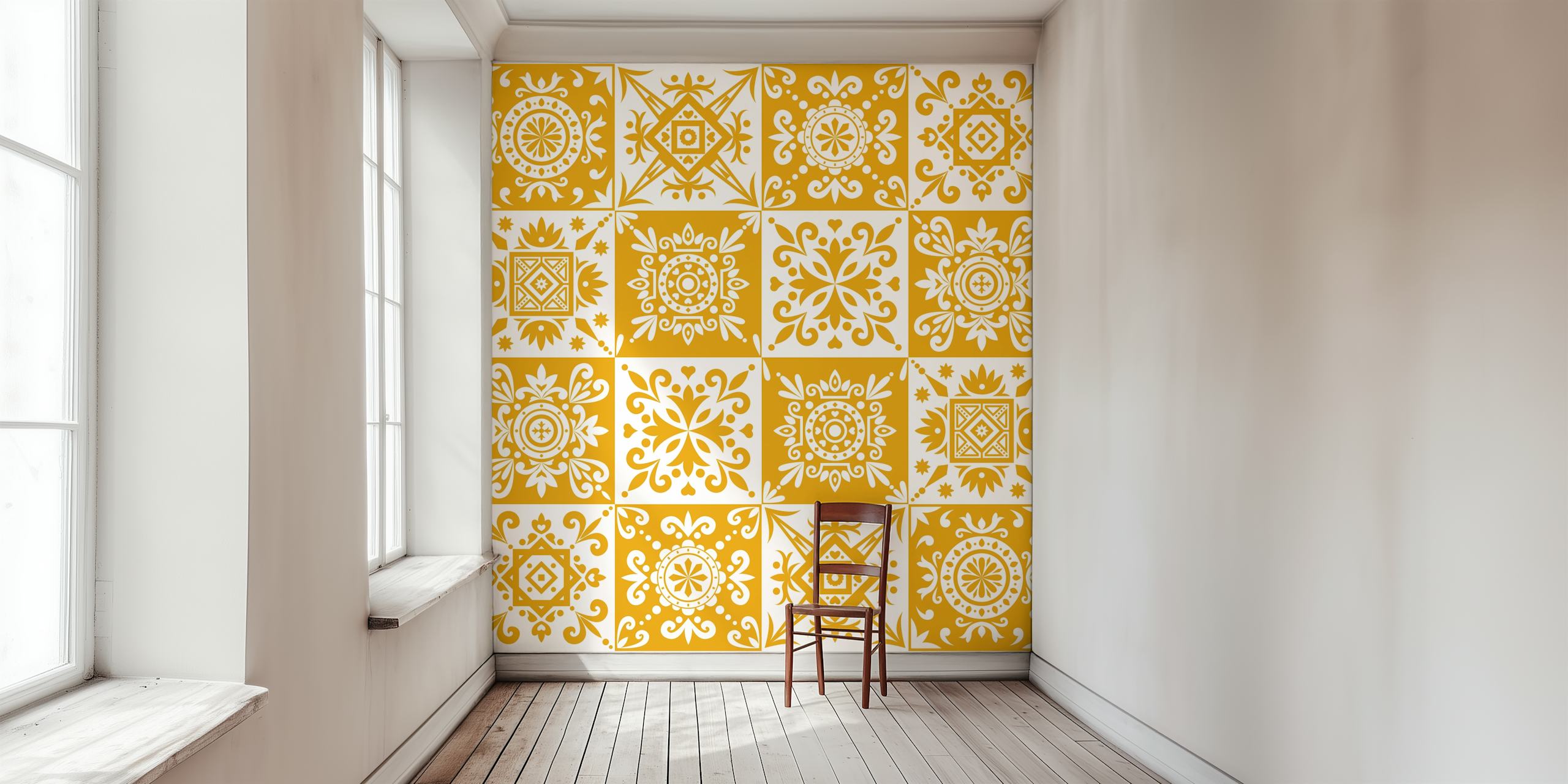 Floral patterns in saffron yellow and white wallpaper