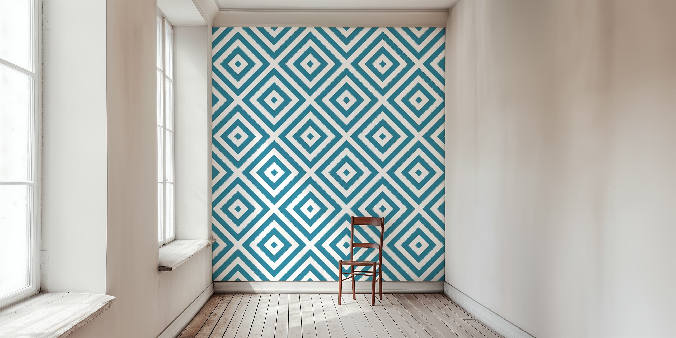 Geometric teal and white squares wallpaper in a room