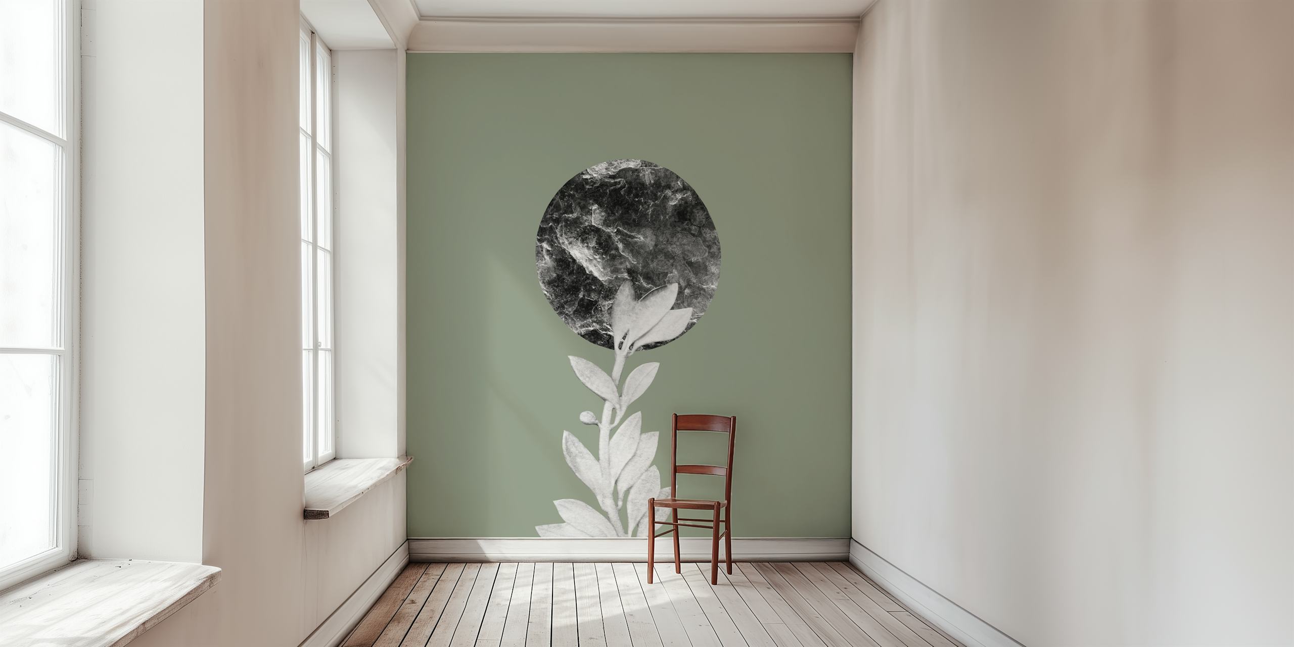 Marble leaf design with green background and gray circular element wallpaper