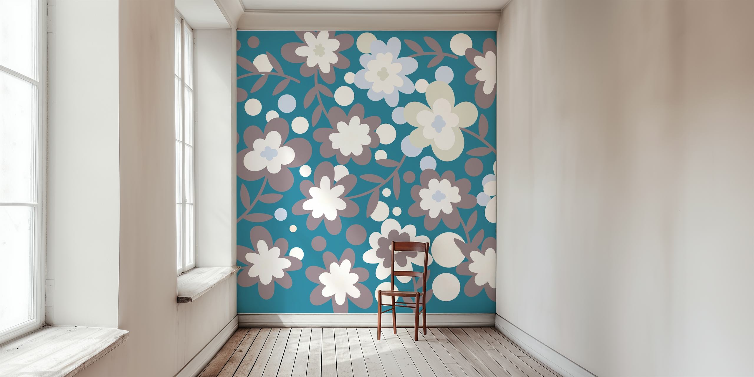 Floral pattern in teal, grey and white colors wallpaper