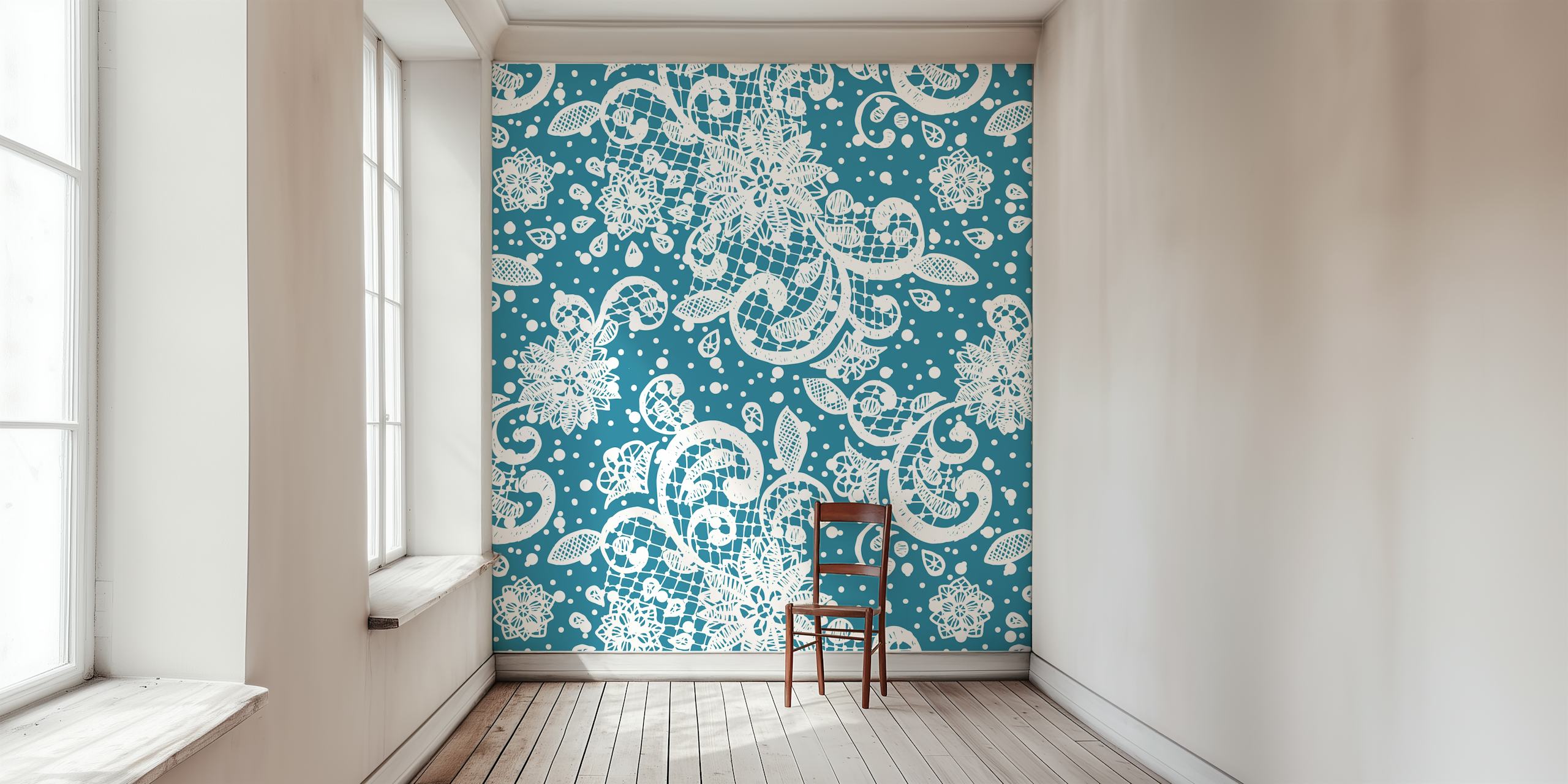 Το ταπισερί τοίχου White Lace Classic Ornament με λεπτά λευκά σχέδια σε μπλε φόντο.