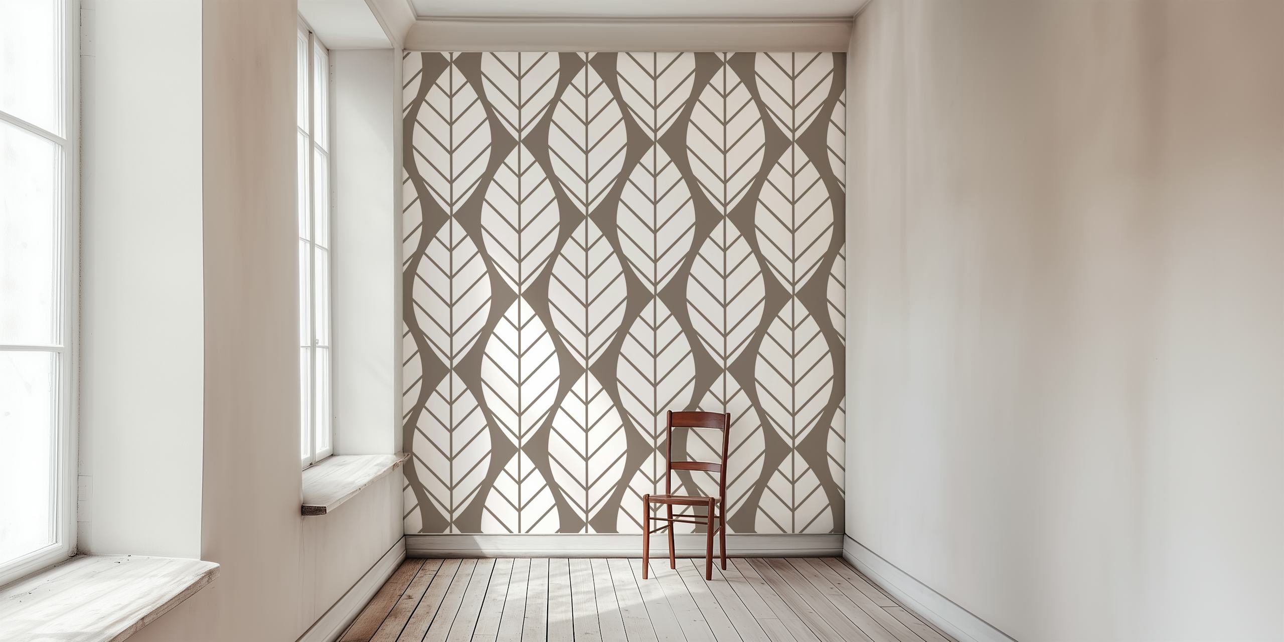 Retro mod Taupe White Leaves wallpaper design