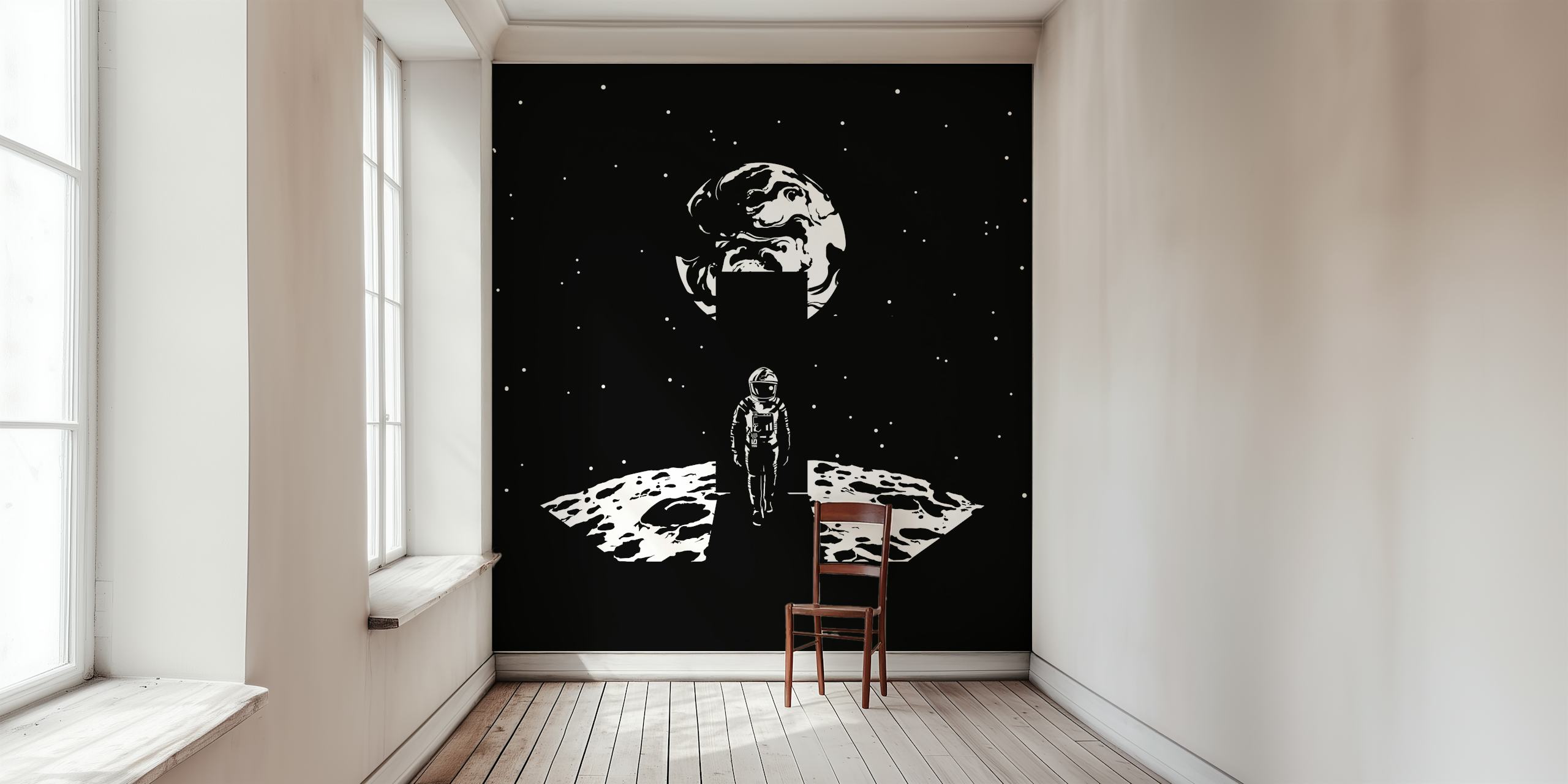 Astronaut und Monolith auf einer Mondoberfläche mit der Erde im Hintergrund Fototapete