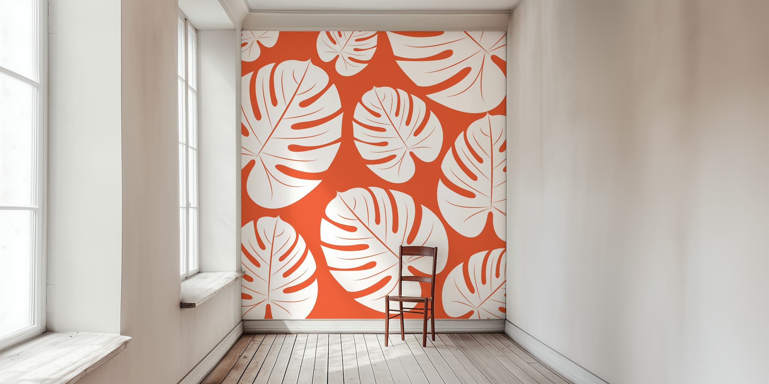 White palm leaf wallpaper on orange background