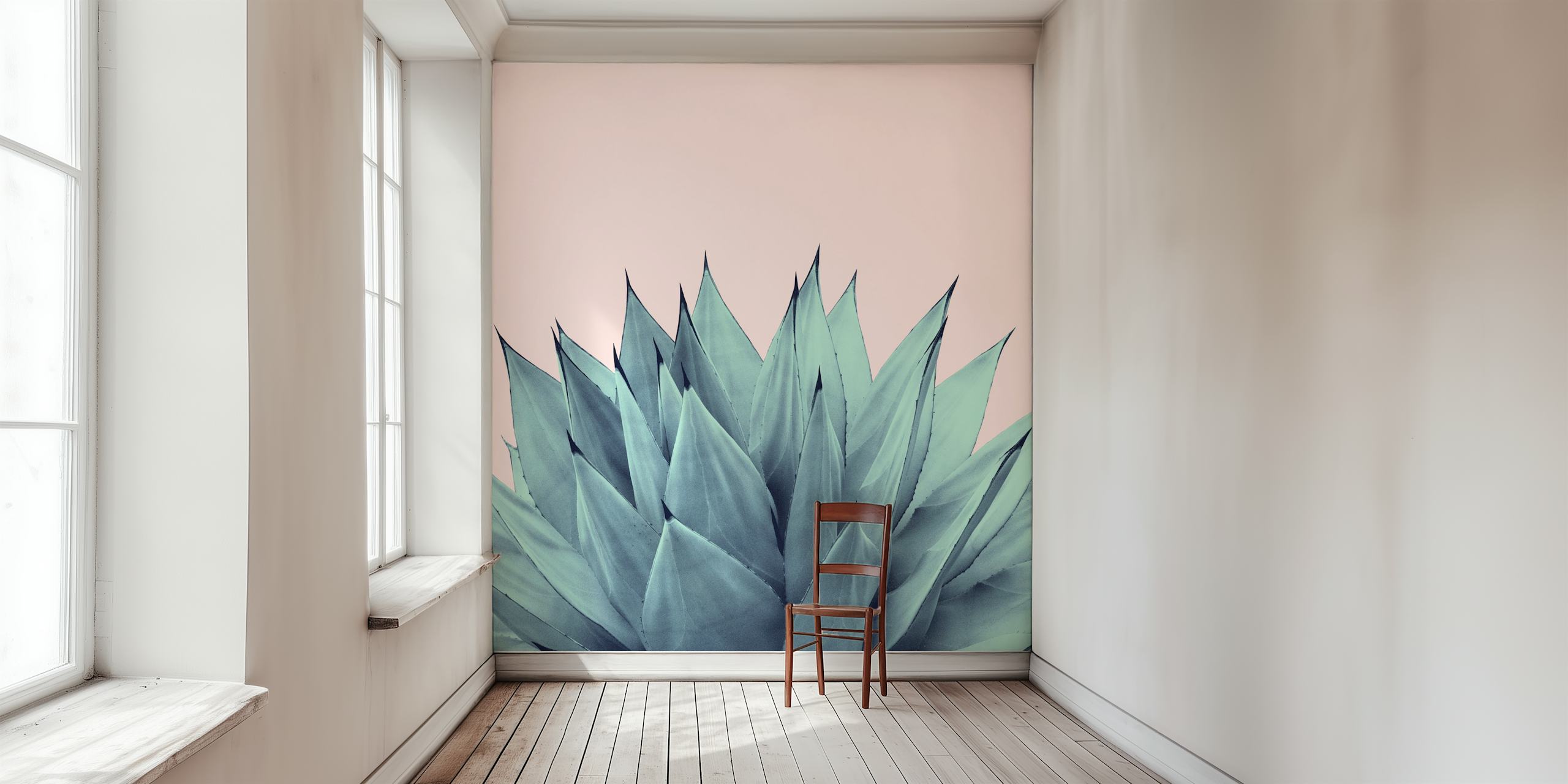 Agave plant details in teal against a pink background wallpaper