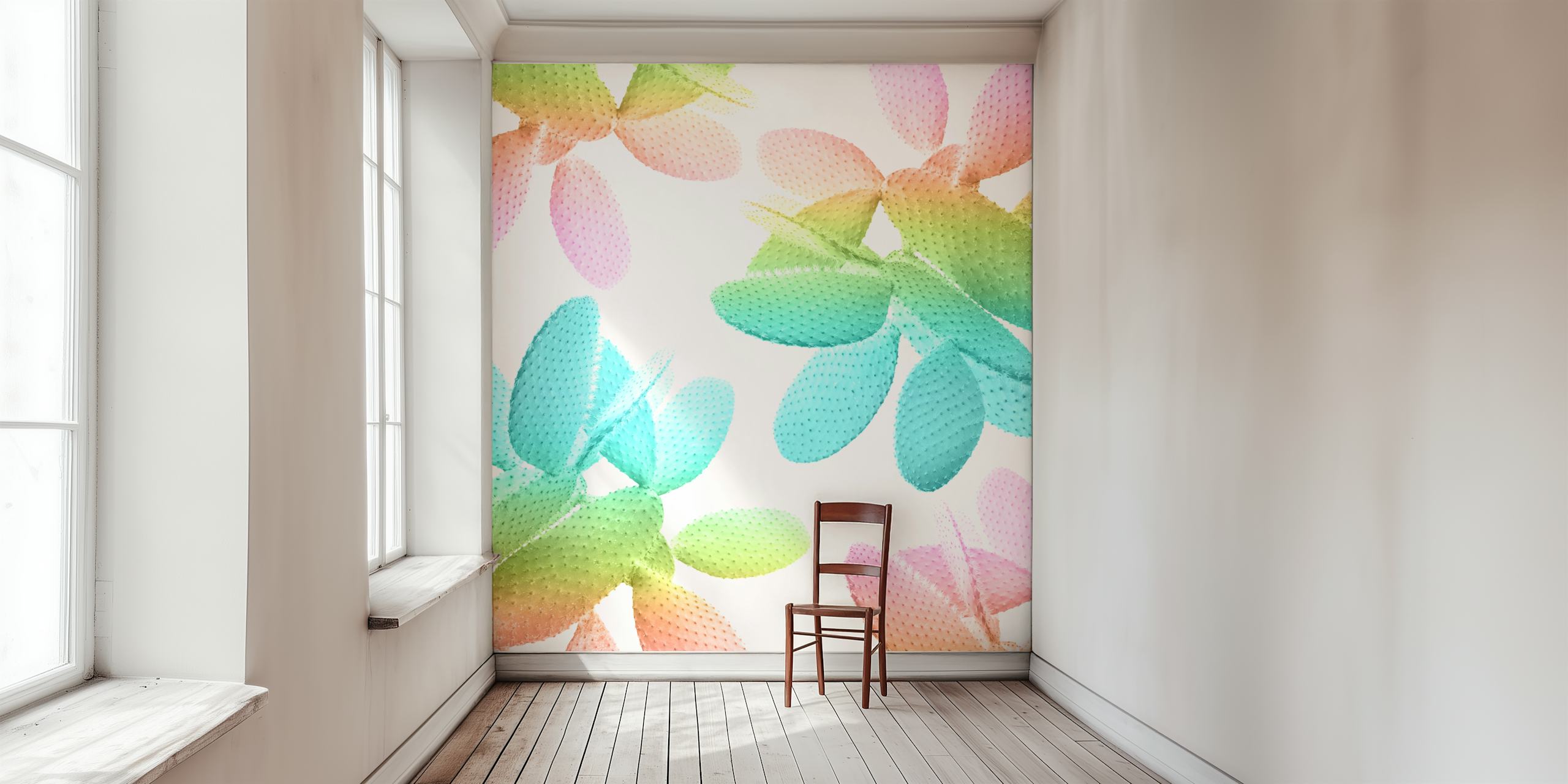 Colorful stylized cacti wall mural in pastel rainbow shades for home decor