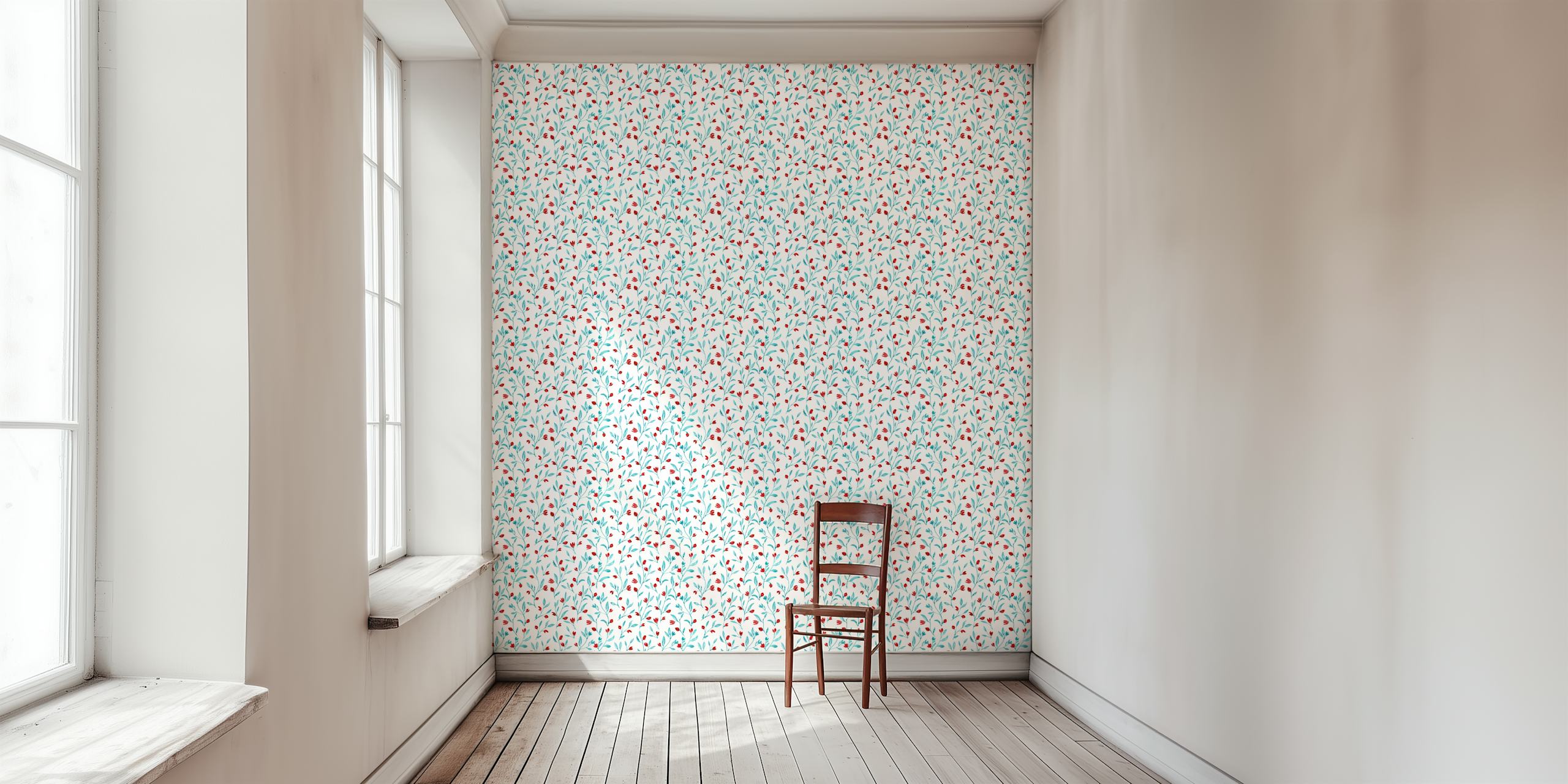 Een close-up van de Little Flowers by Flavie muurschildering met kleine, ingewikkelde bloempatronen.