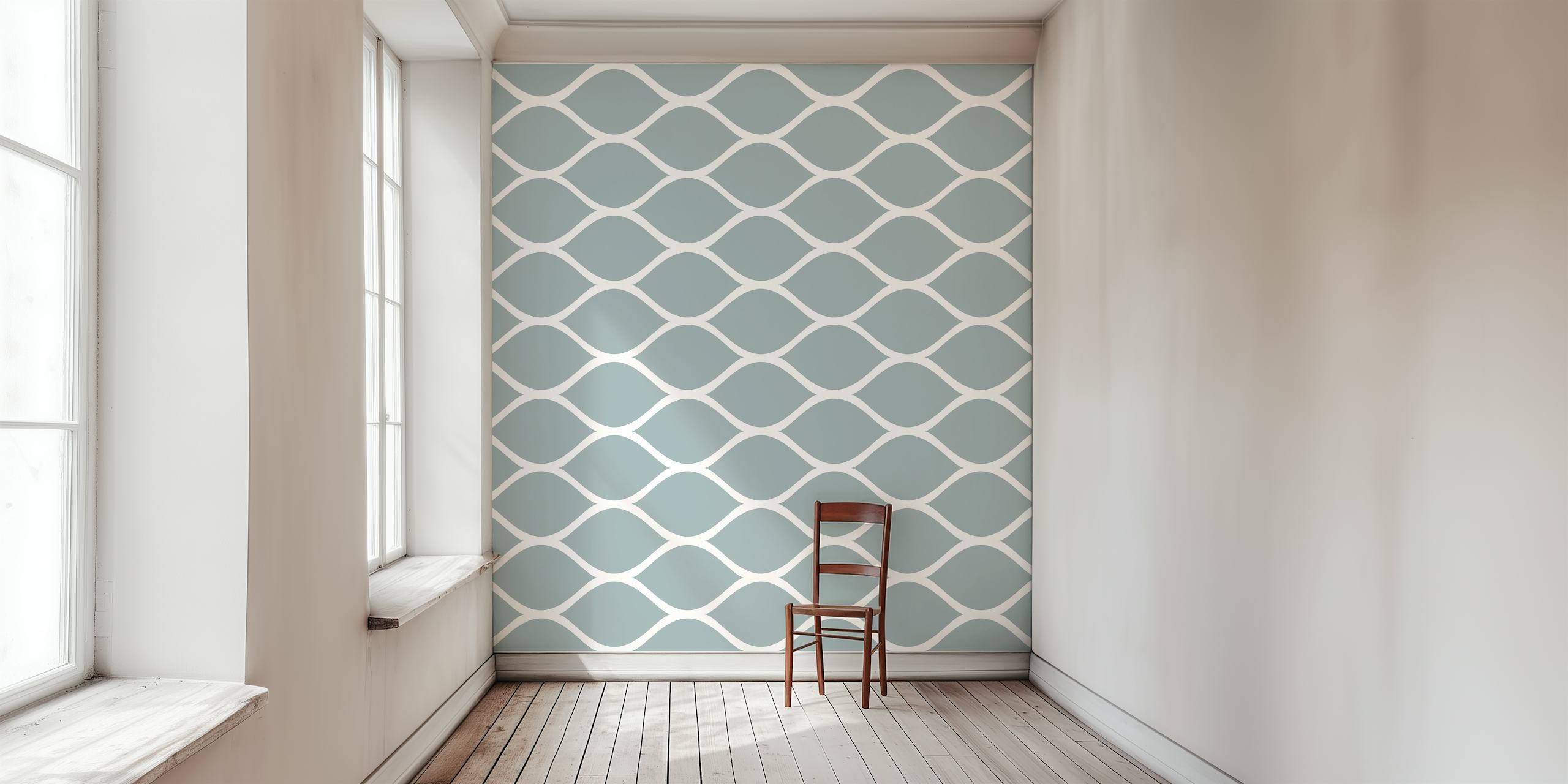 Ogee pattern wall mural in white and mint green.