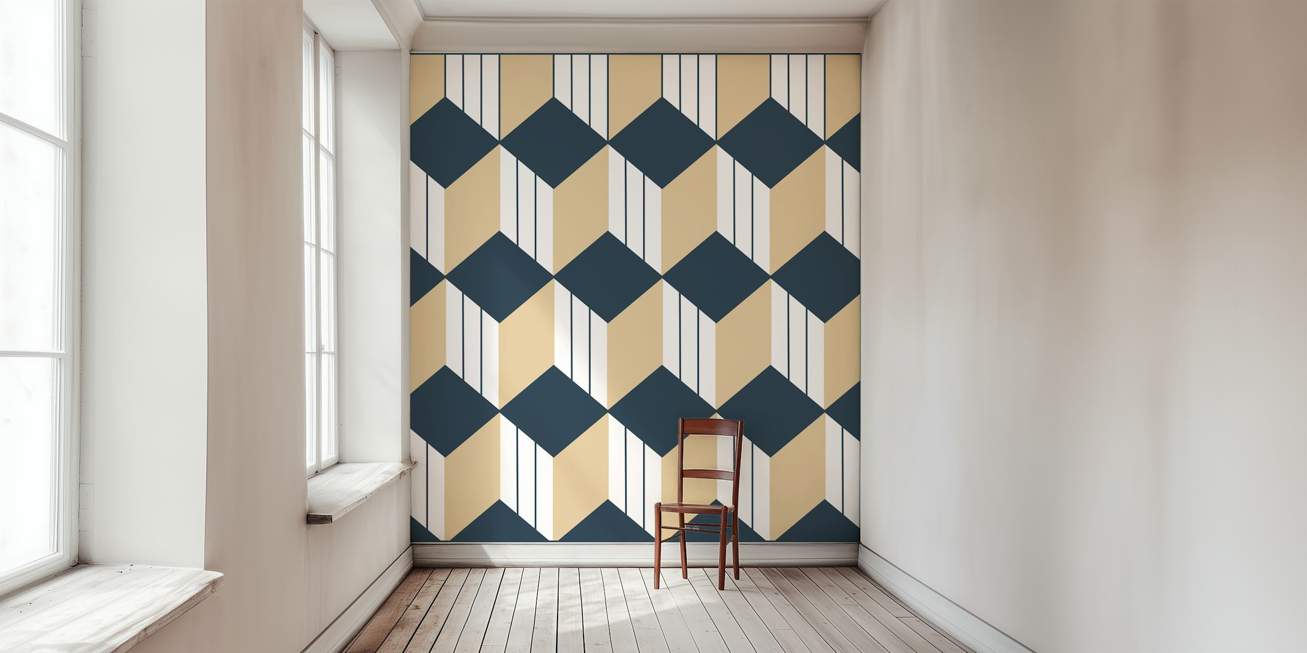 Mural de pared con patrón de cubos geométricos en carbón, beige y blanco