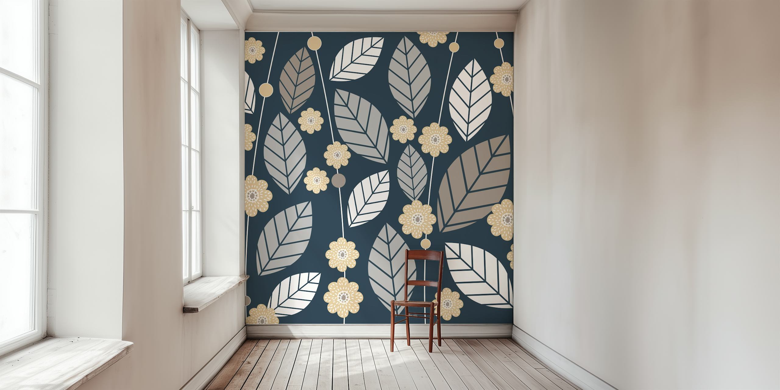 Fototapeta Scandi Earth Tones Leaf Flower s modrým pozadím a přírodními vzory