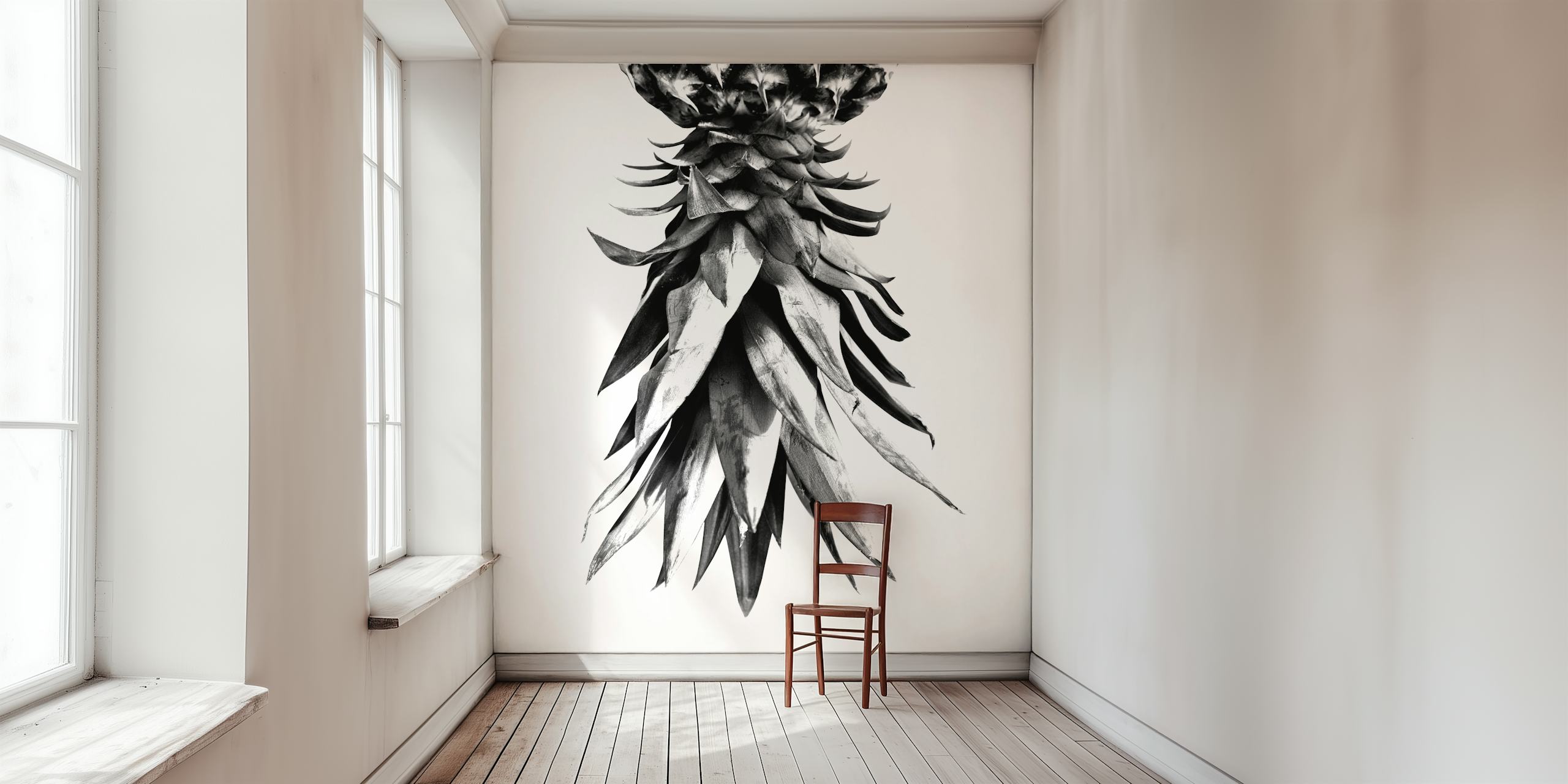 Monochromatic wall mural of an upside down pineapple with detailed texture
