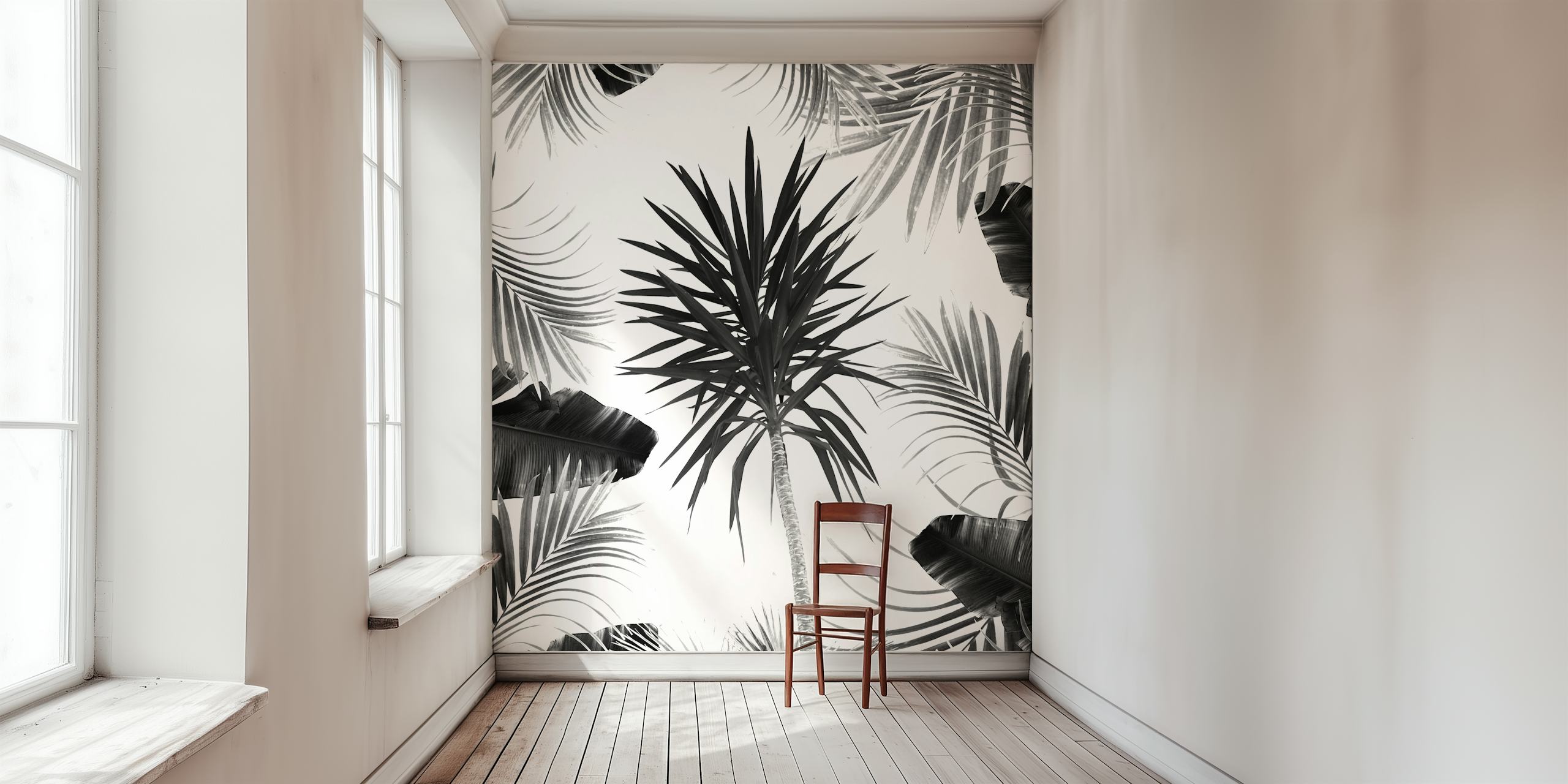 Black and white tropical leaves pattern wallpaper