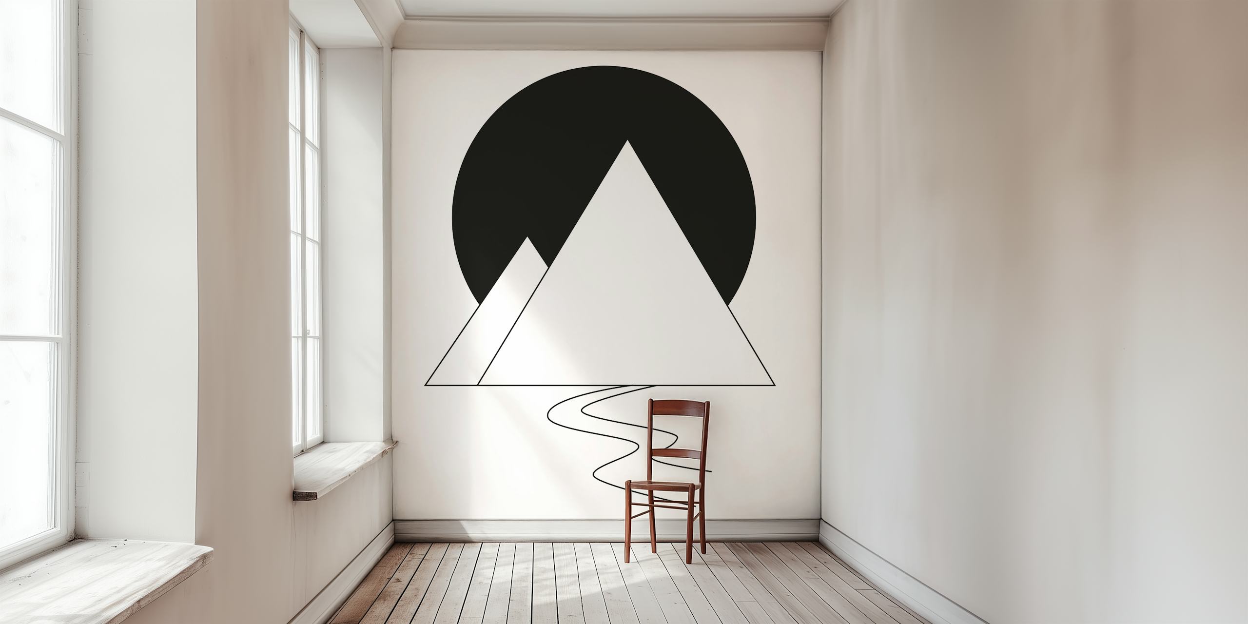 Abstrakte geometrische Wandtapete mit Bergen und Sonne in Schwarz und Weiß für moderne Innenräume