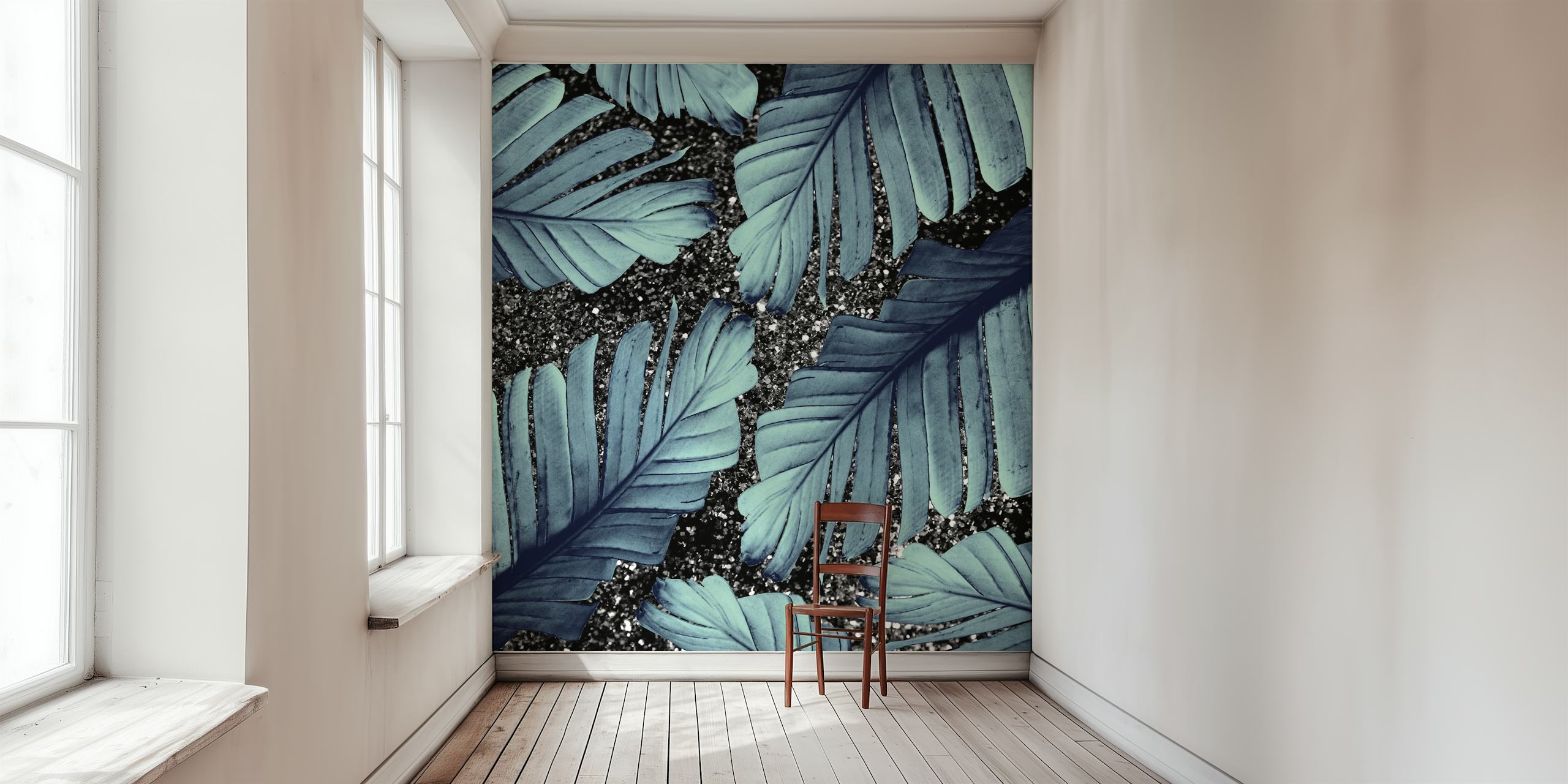 Tropical banana leaves on black glitter background wallpaper