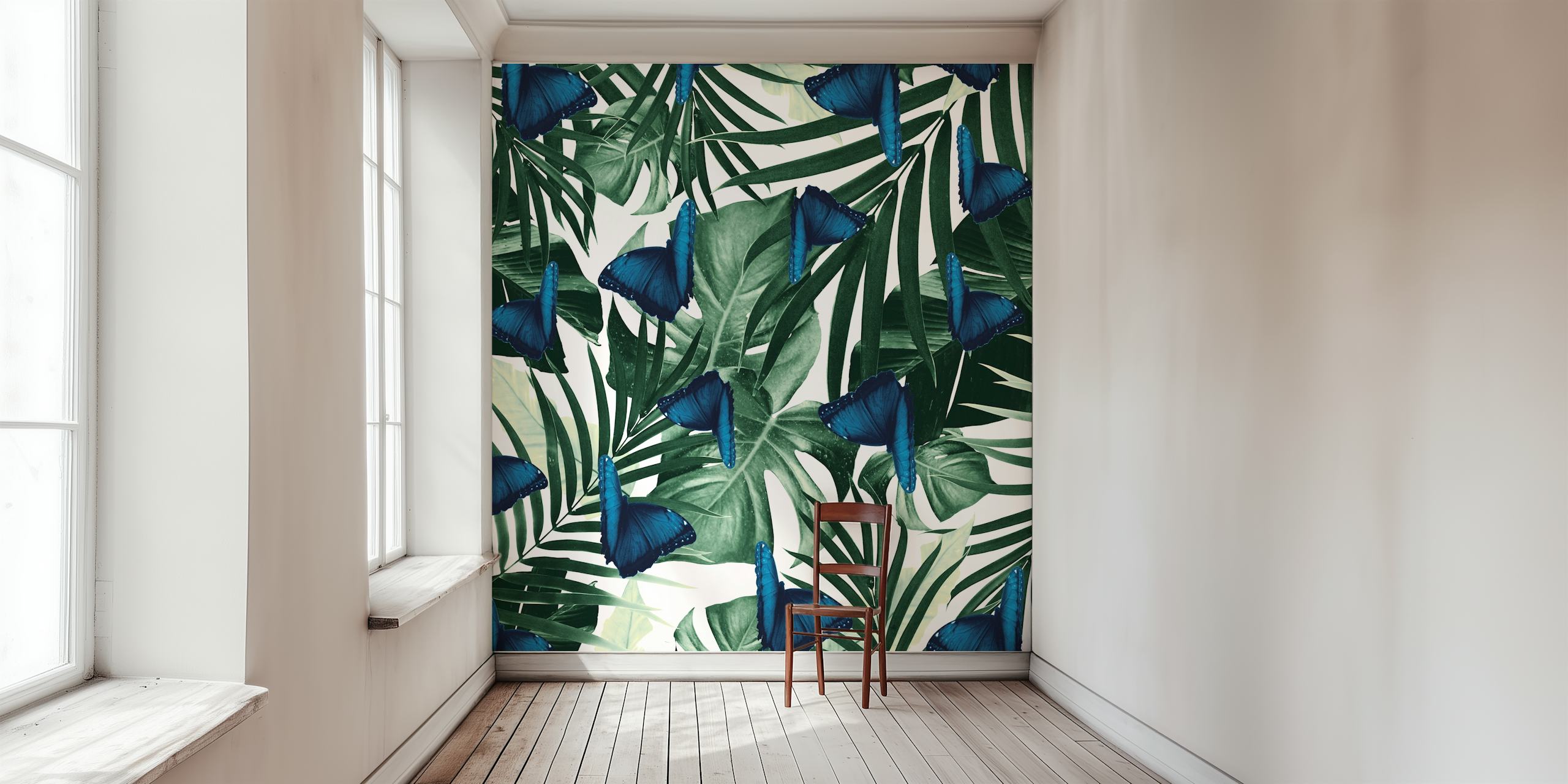 Blue butterflies on tropical jungle leaves wall mural