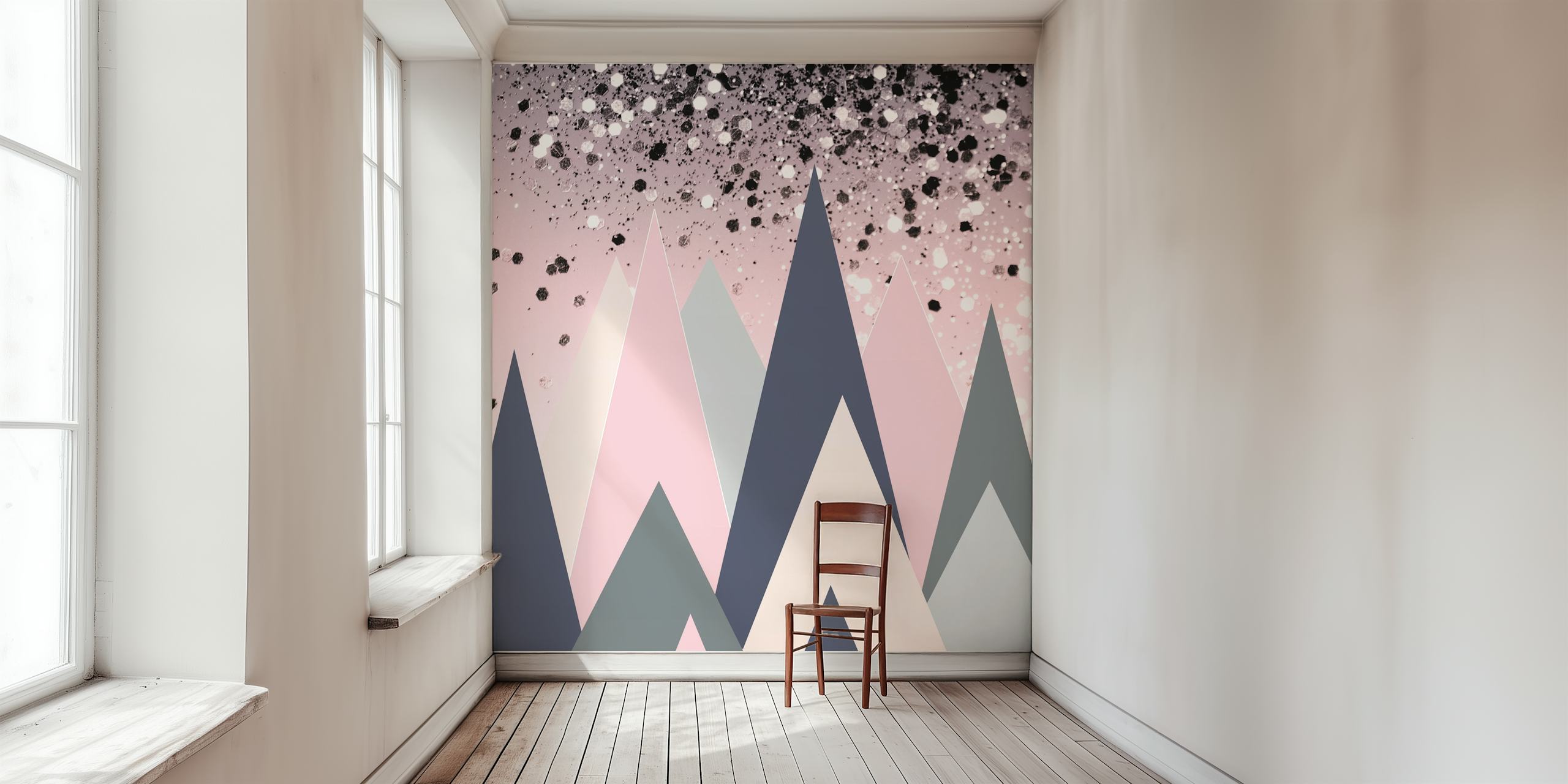 Pink and gray geometric mountain wallpaper with glitter effect
