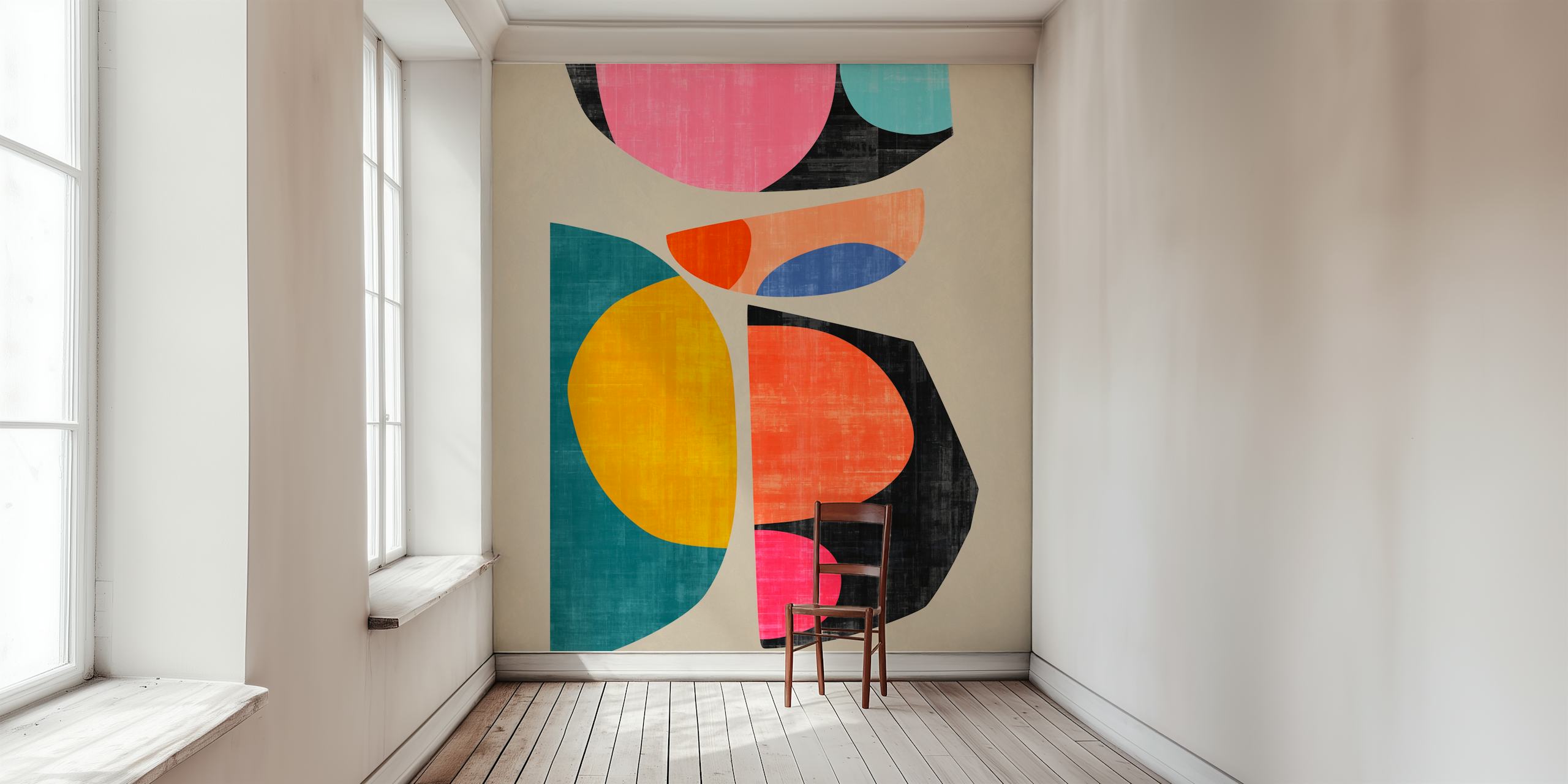 Colorful abstract shapes in pink, black, blue, orange, and yellow wallpaper