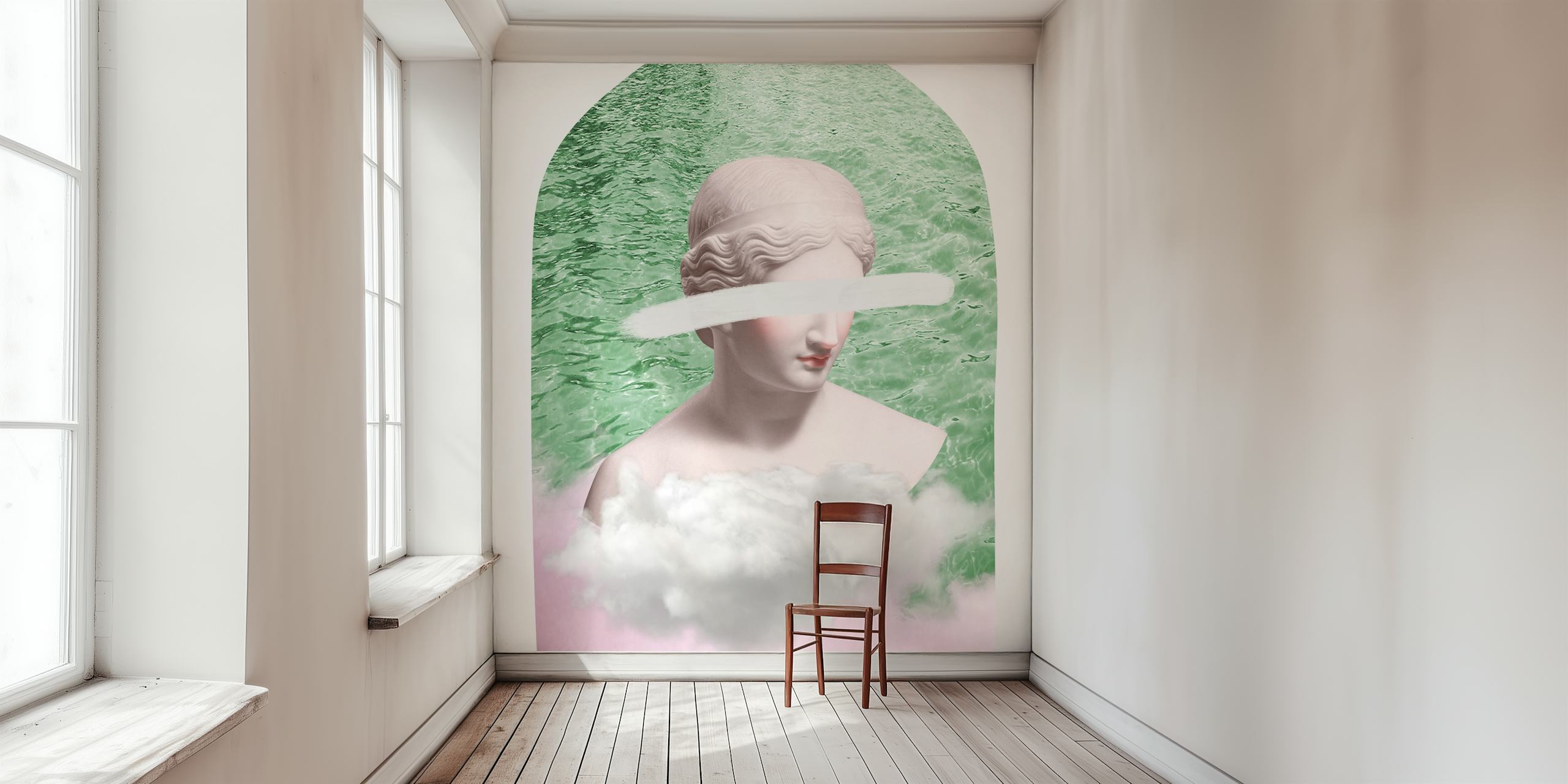 Statue grecque au centre, fond vert aquatique et nuages, papier peint