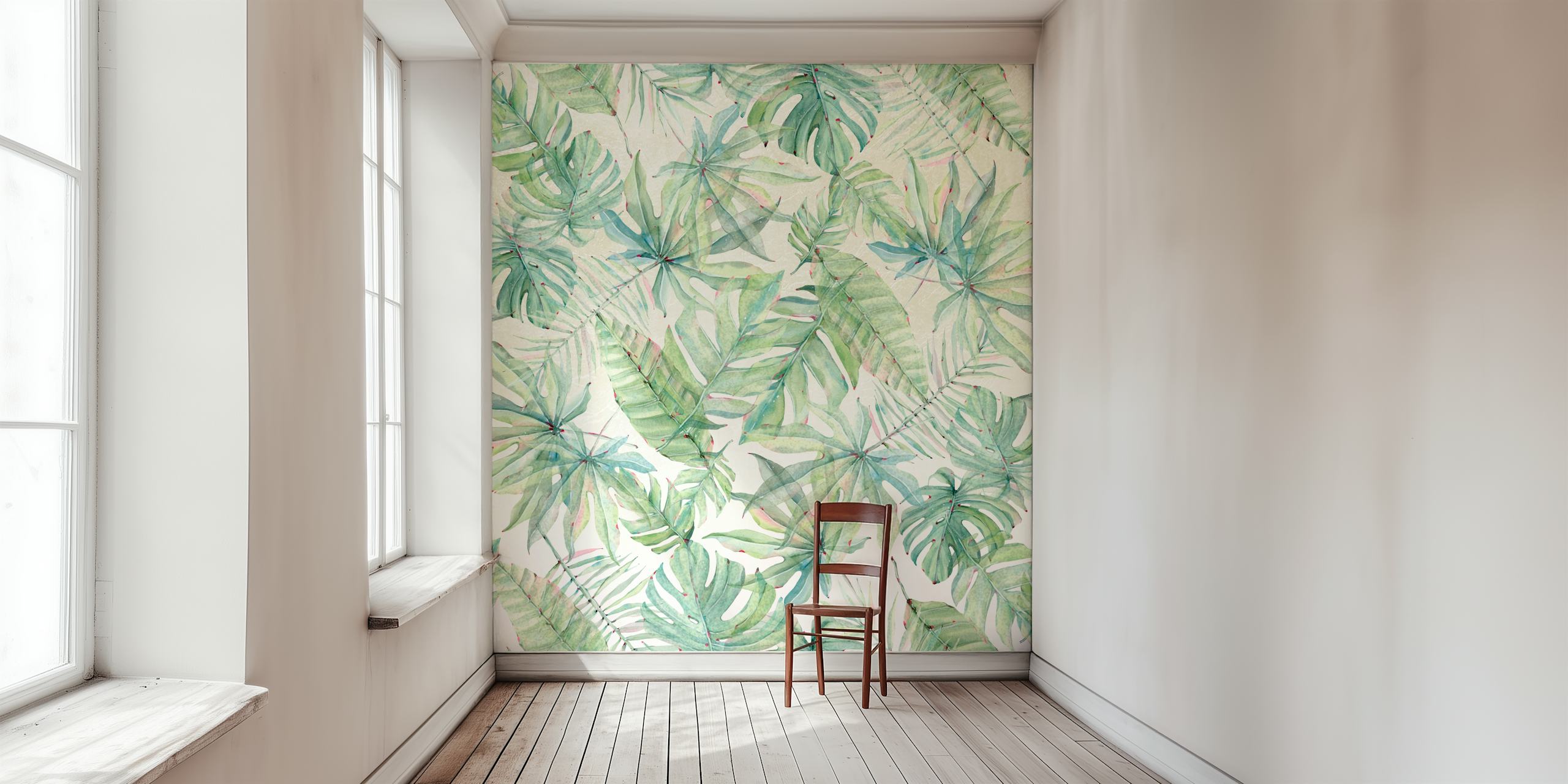 Tropical green leaves patterned wallpaper on a light background