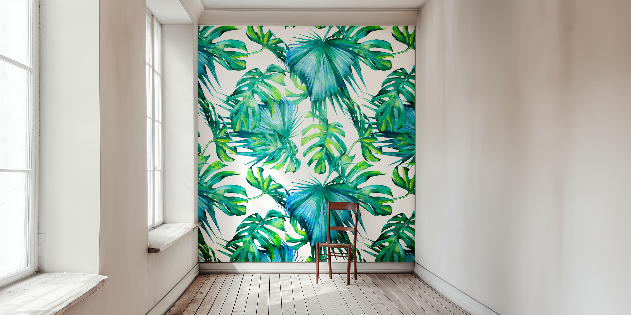 Blue tropical monstera leaves on white background wallpaper