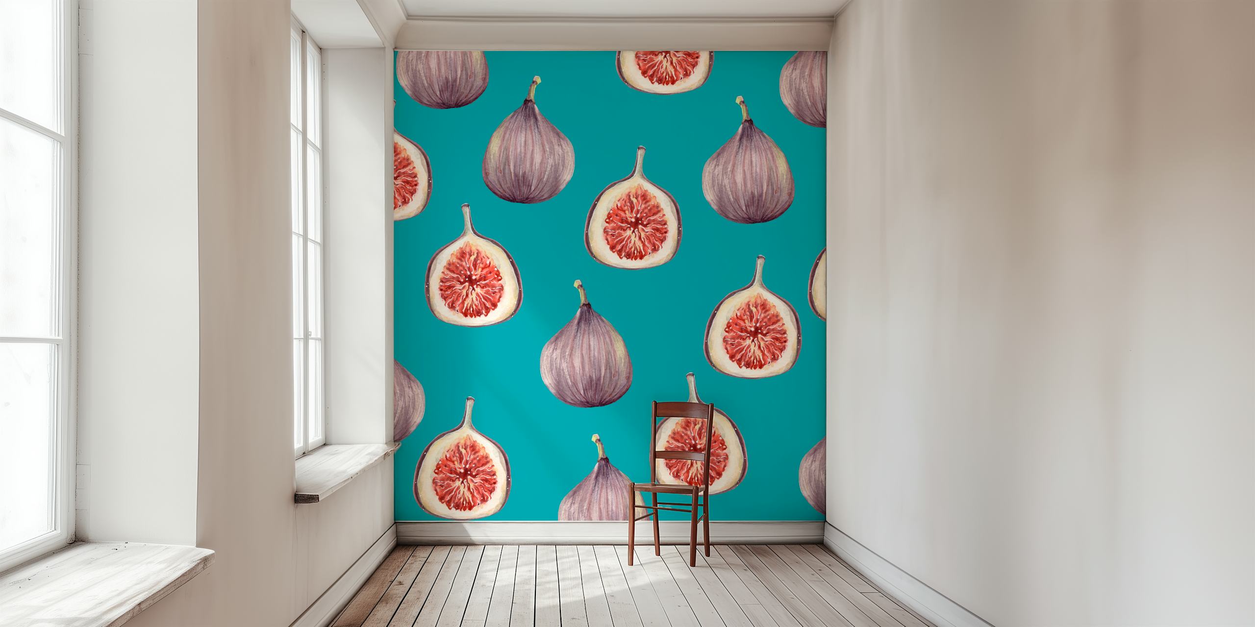 Papel pintado Figs Teal exhibido en una habitación
