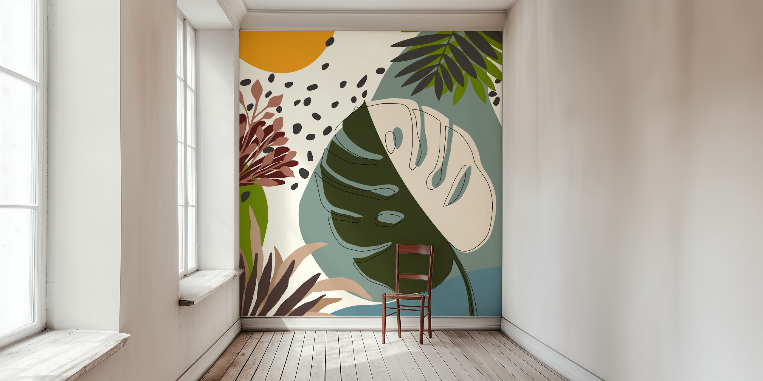 Tropical leaves, vibrant colors, modern style wallpaper