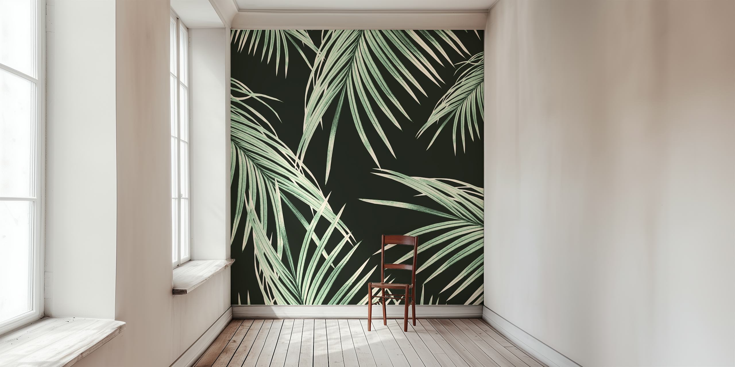 Green palm leaves on a dark background wall mural