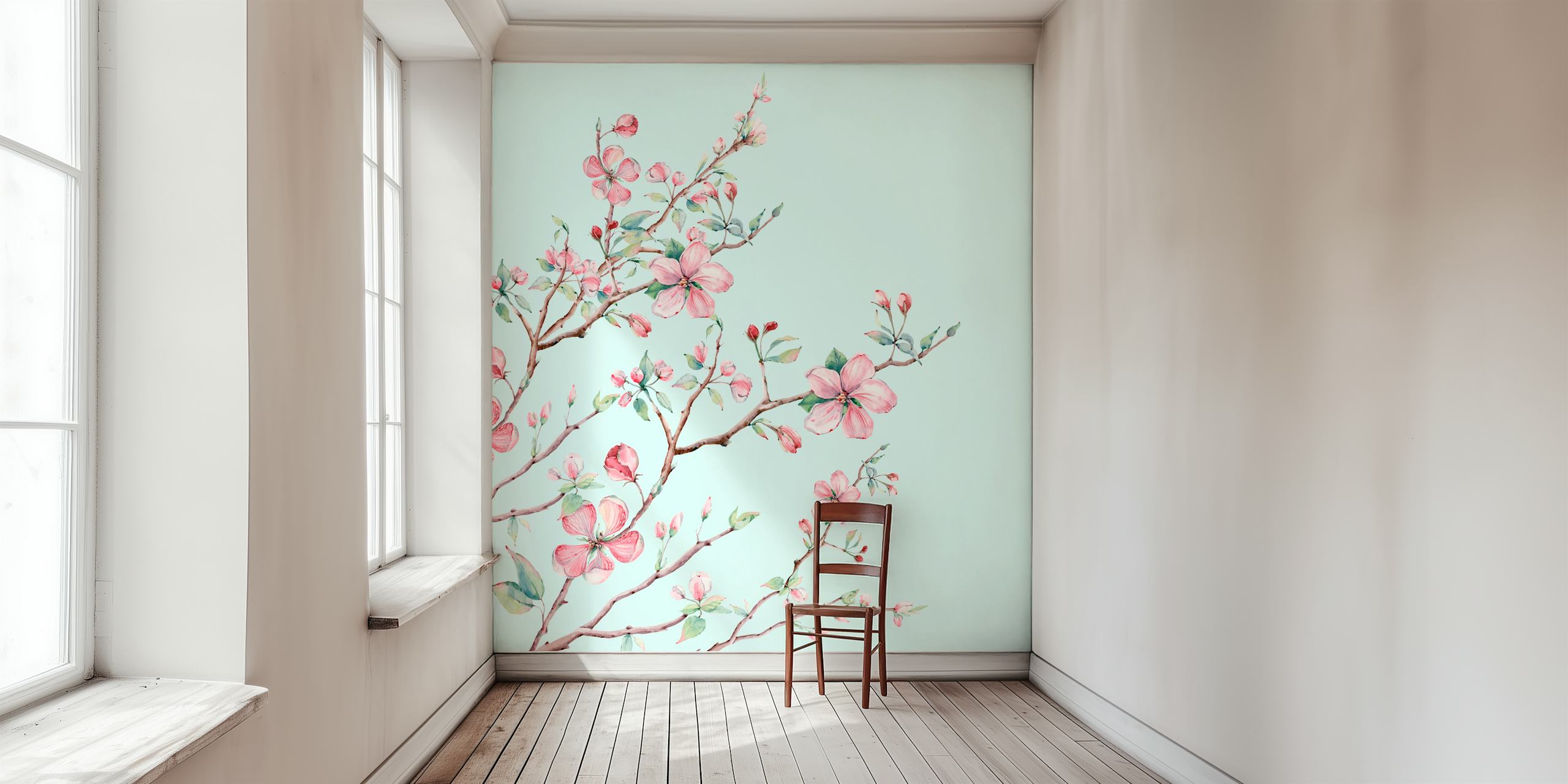Pink floral branches with mint background wallpaper