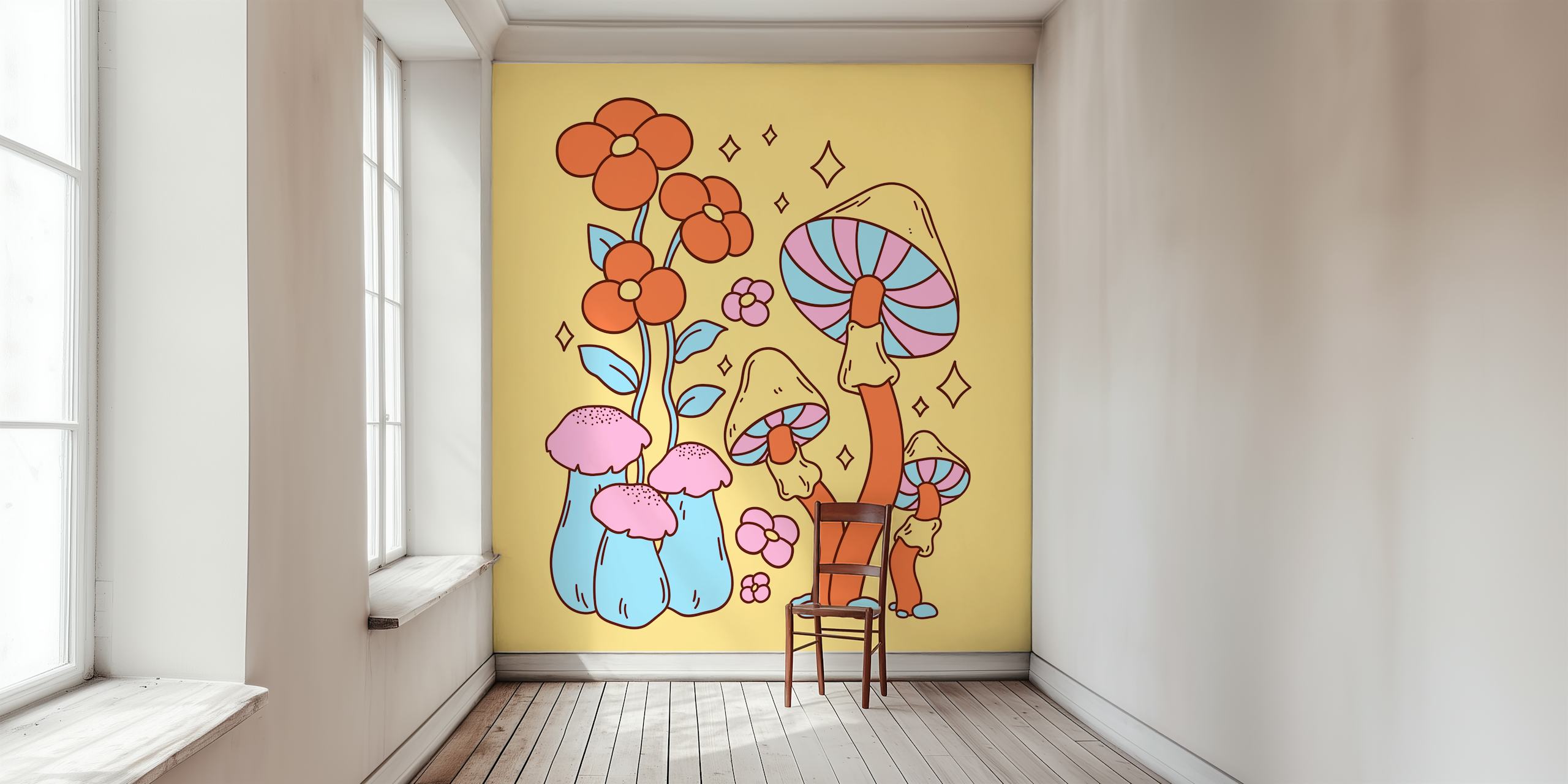 Hippie Mushrooms behang in een kameropstelling