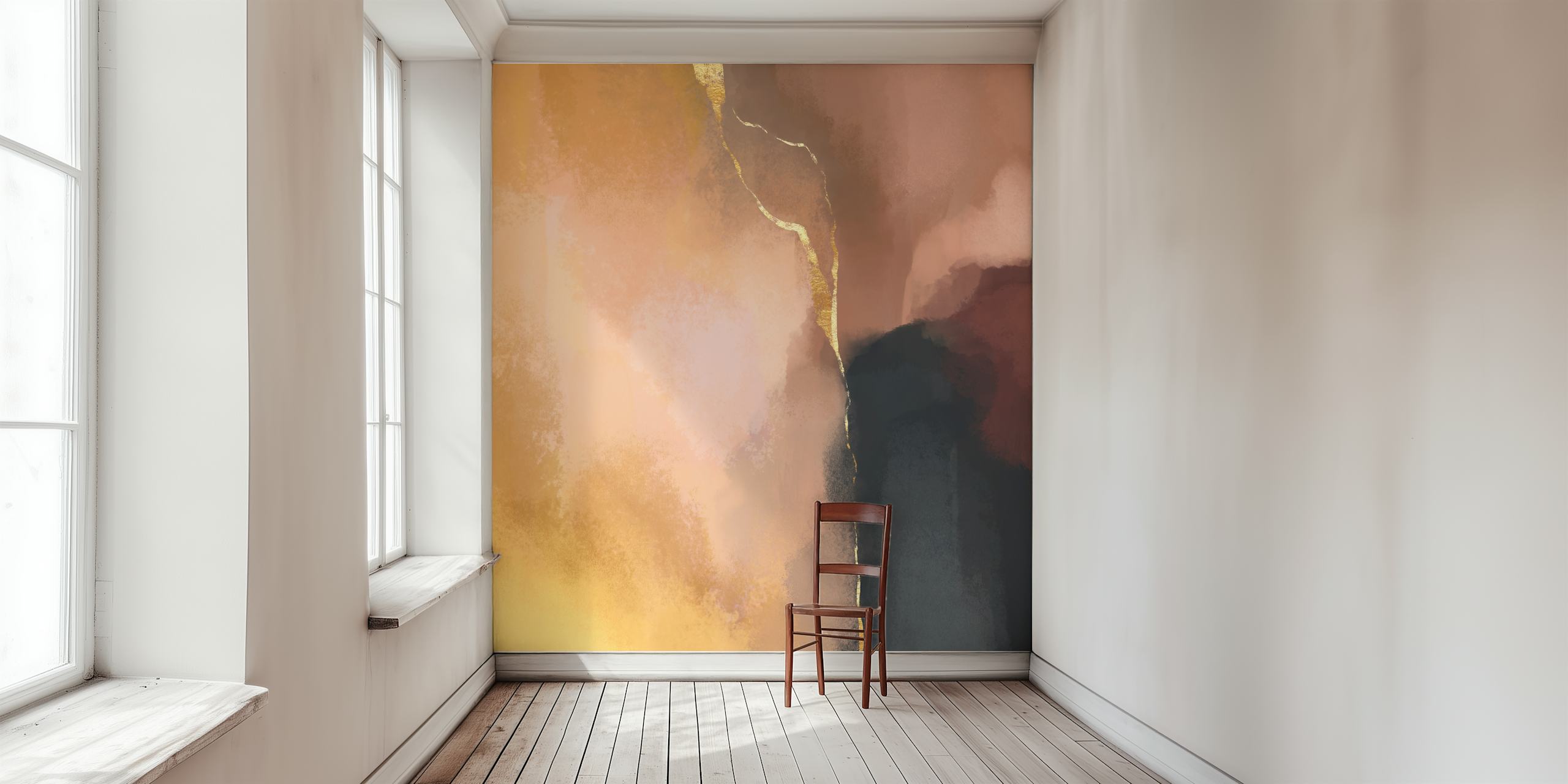 Peinture murale abstraite « Stay Calm » dans des tons ambre, or et blush avec des accents de charbon de bois