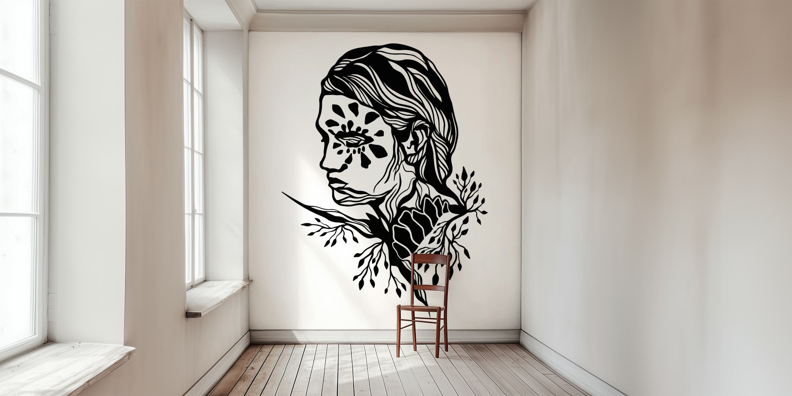 Black floral art design featuring elegant face silhouette wallpaper