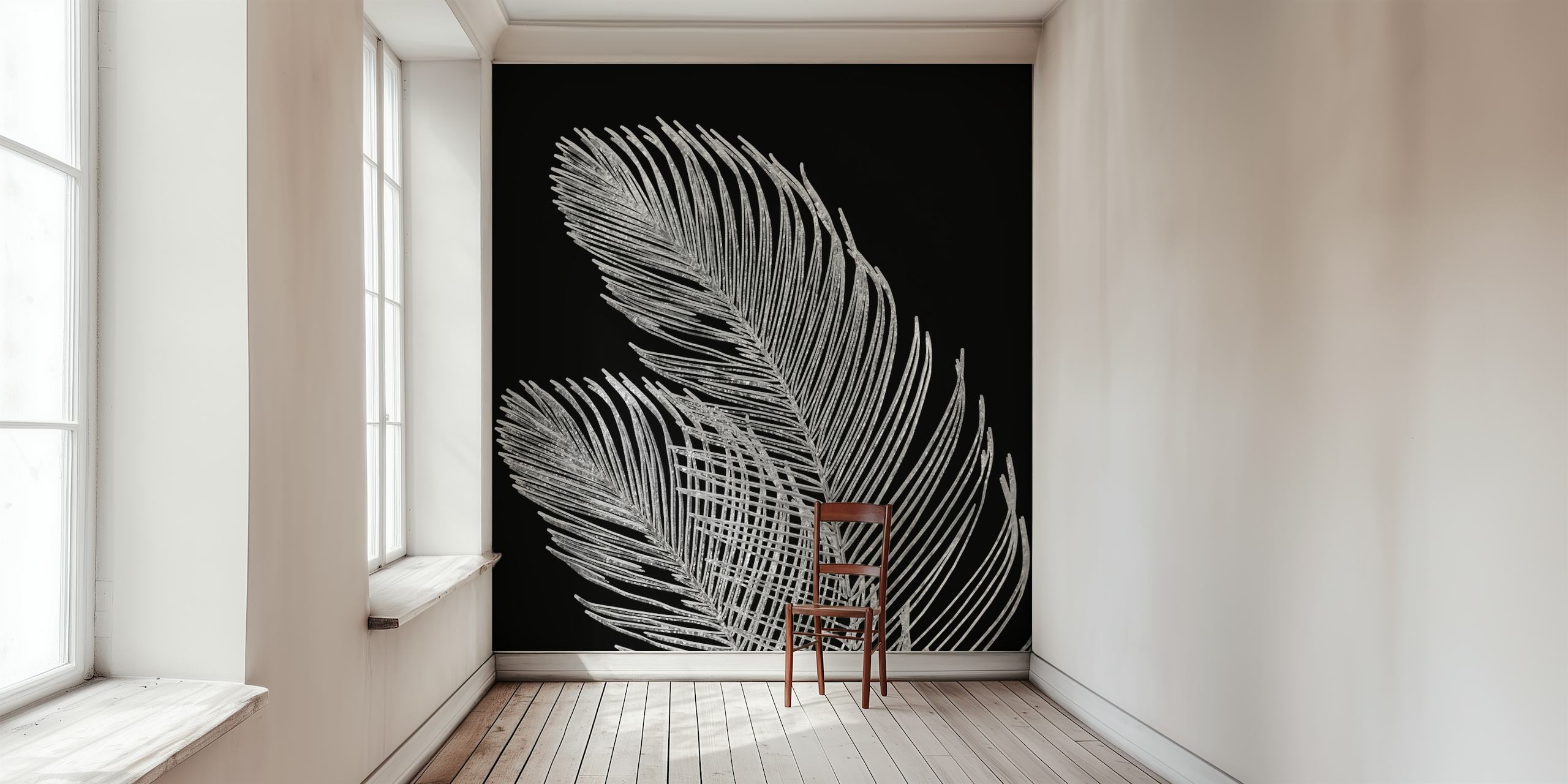 Palm leaf line art wall mural against black background