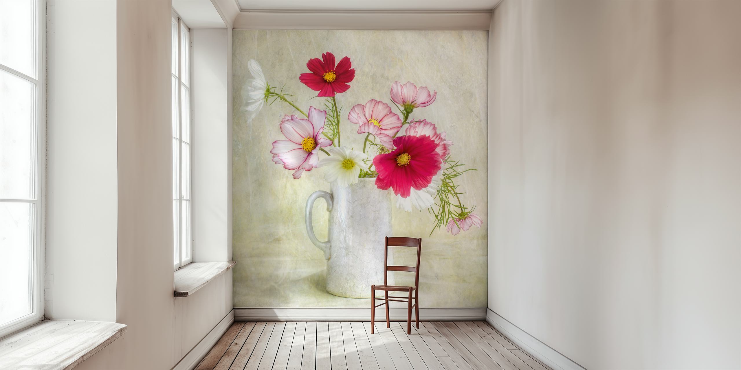 Pink and white cosmos flowers in a vase wallpaper