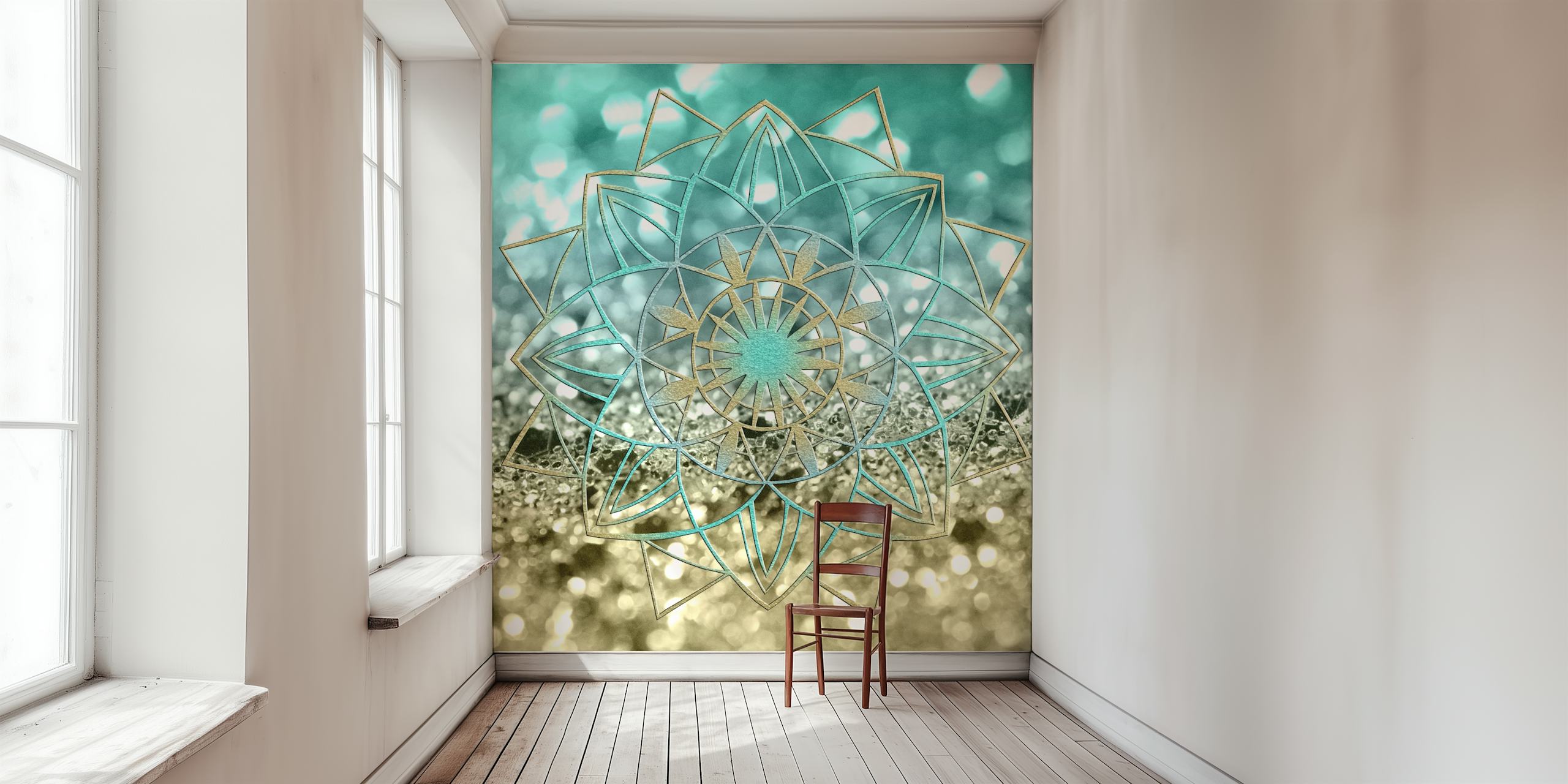 Star Mandala Beach Glitter vægmaleri med blå og guld nuancer