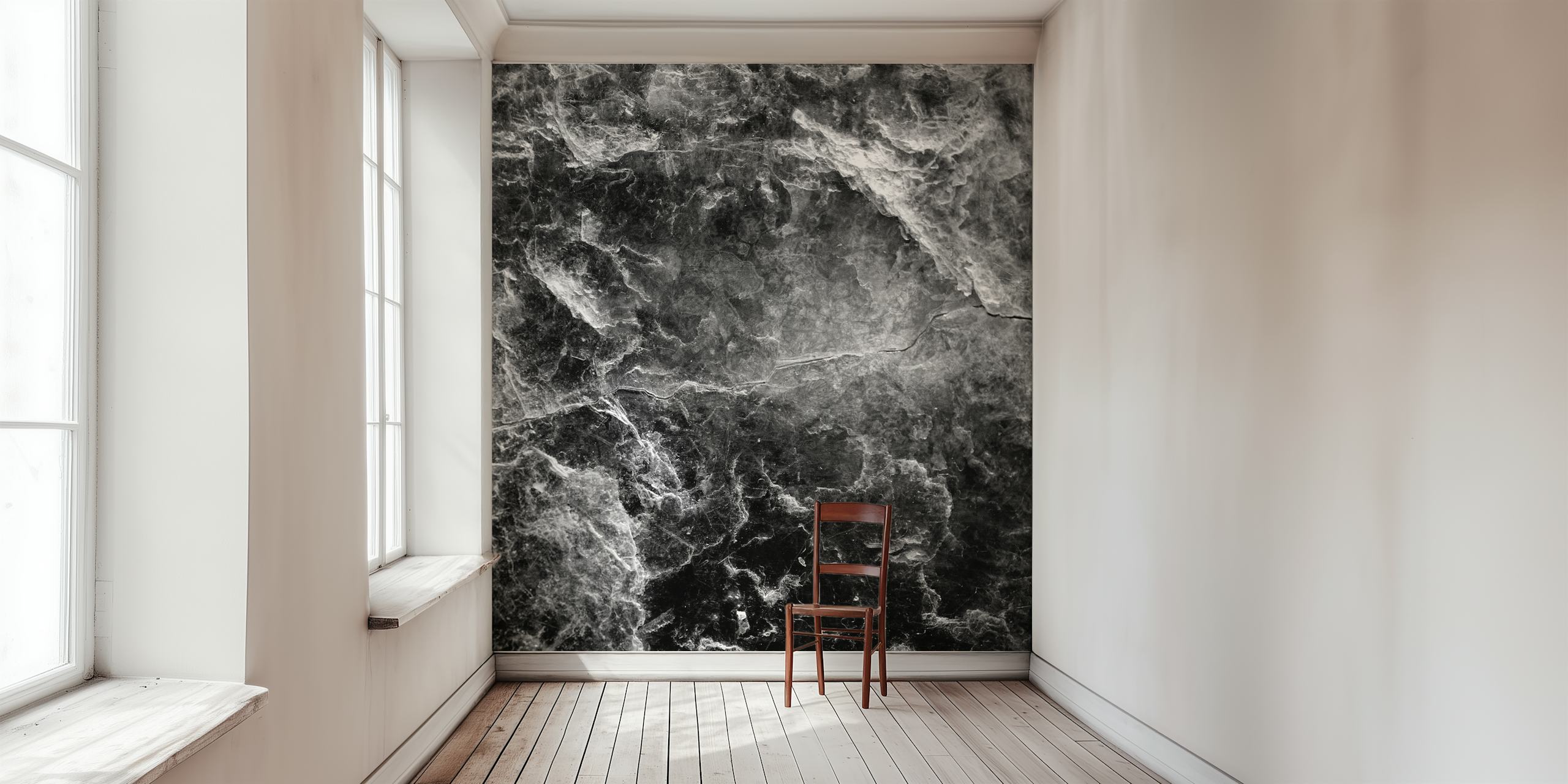 Black marble patterned wallpaper with white veining in modern style