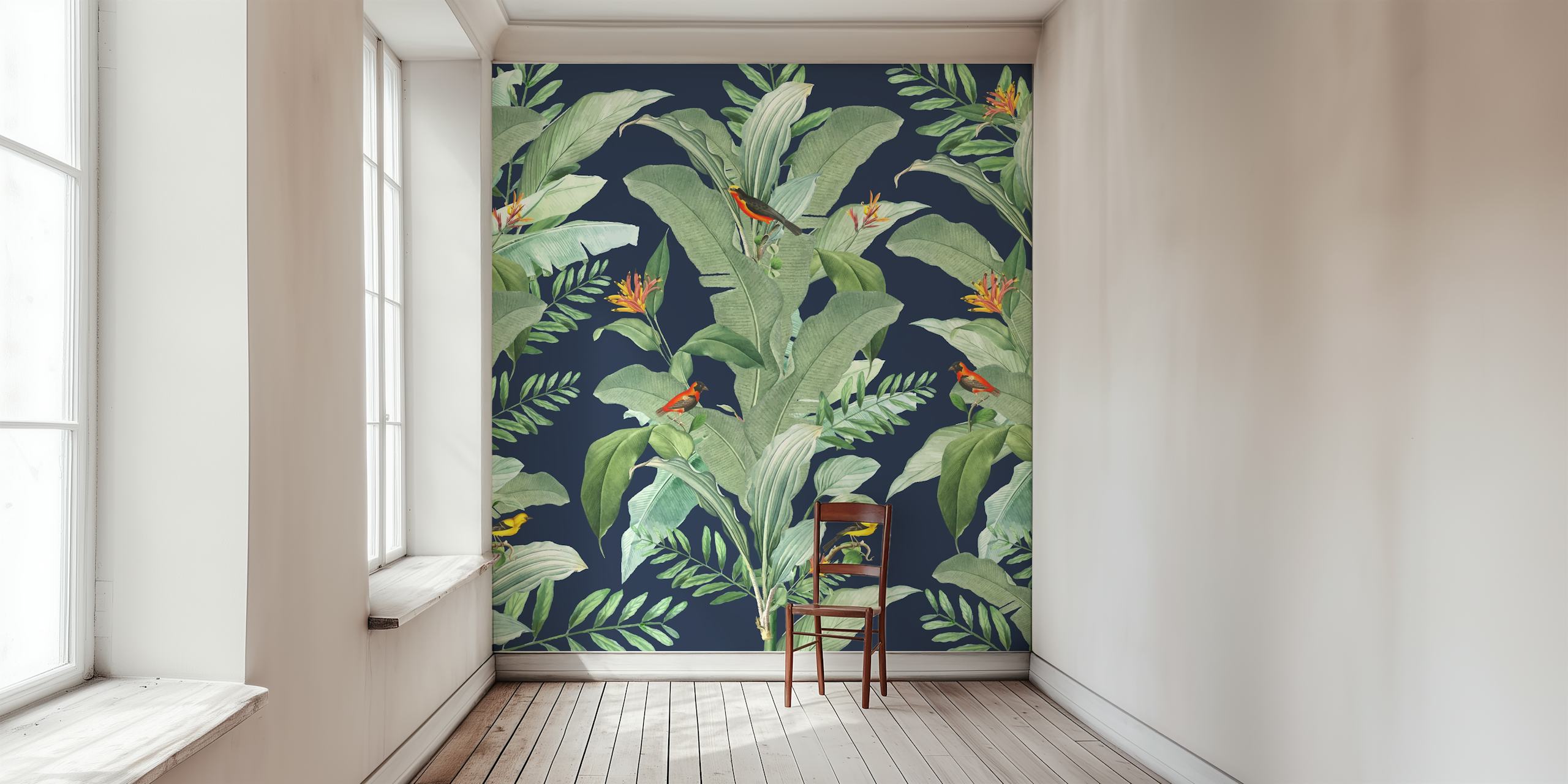 Blue bird amidst green leaves and floral patterns wallpaper