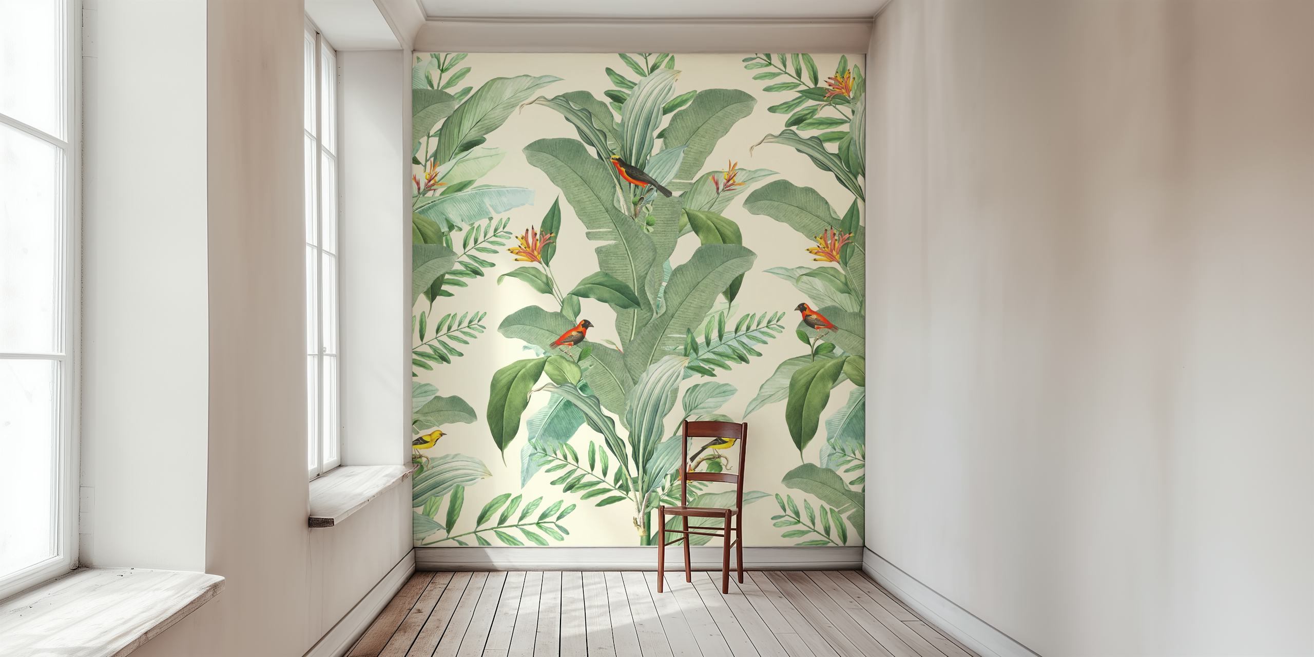 Leaf Bird Sand seinämaalaus vihreillä lehdillä ja värikkäillä lintuilla hiekkaisella taustalla