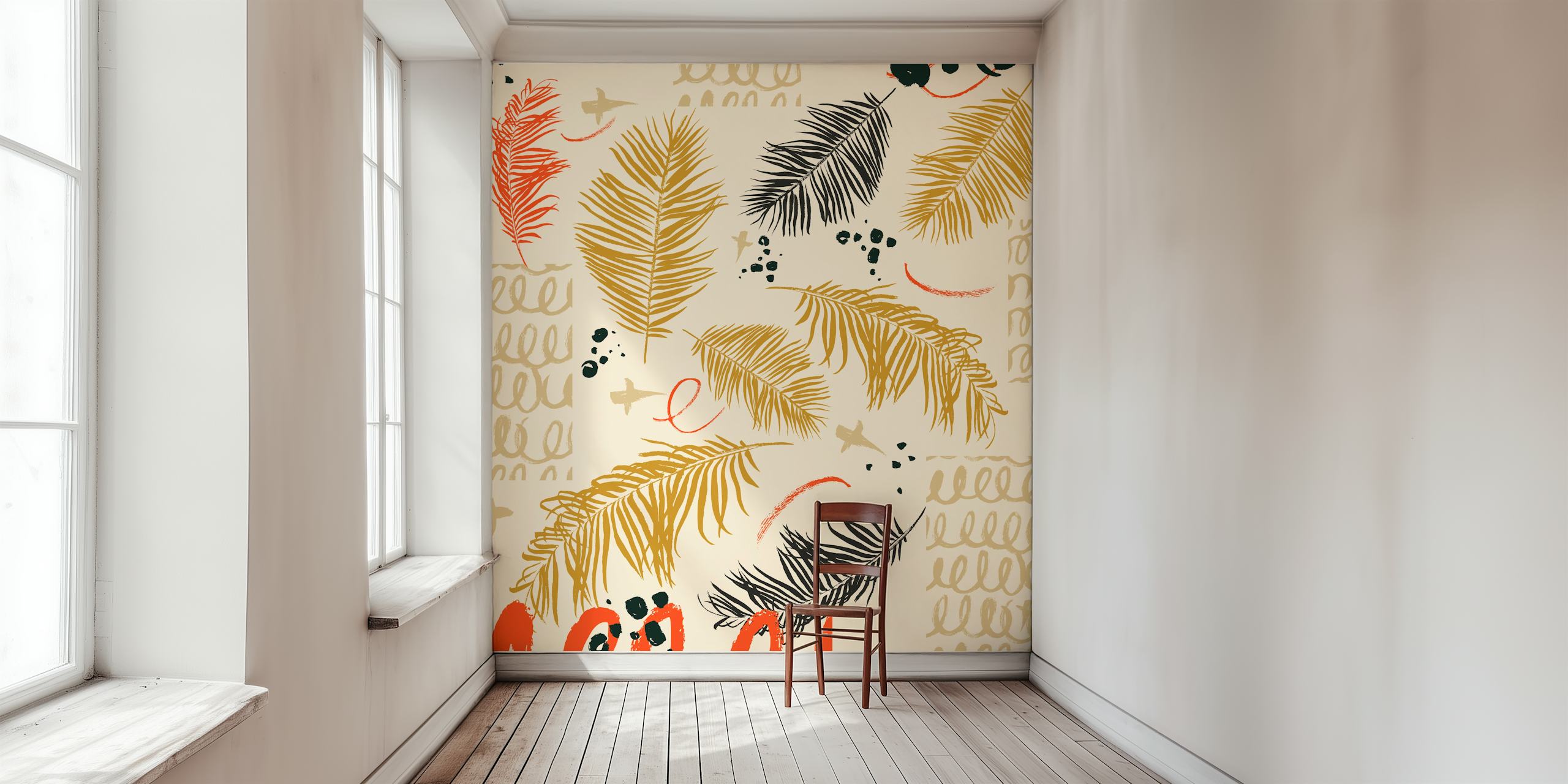 Tropical leaves in gold, black, and red on beige background wallpaper