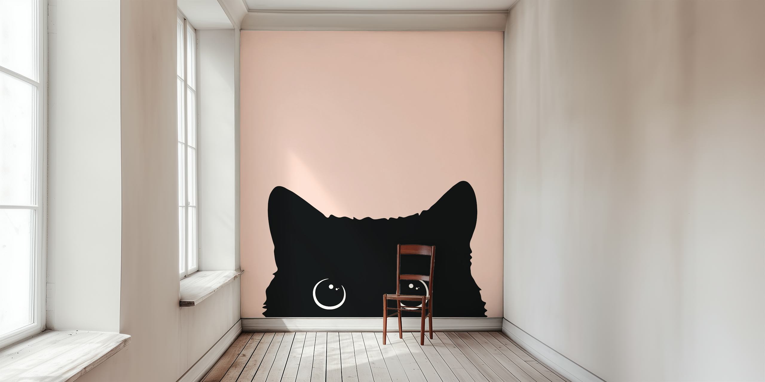 Black cat with big eyes against a pink background wallpaper