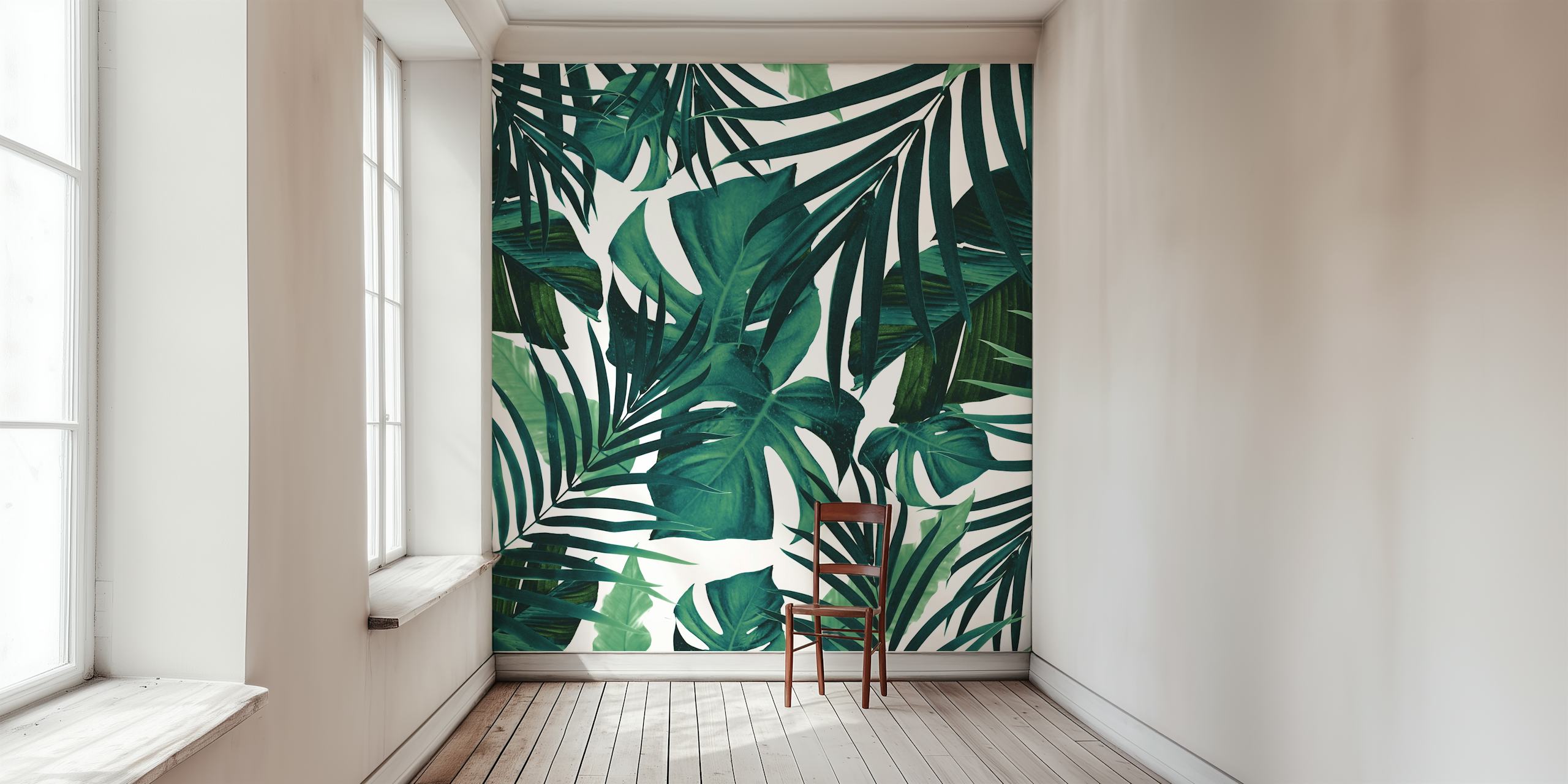 Tropical Jungle Leaves -seinämaalaus monstera- ja palmukuvioinneilla