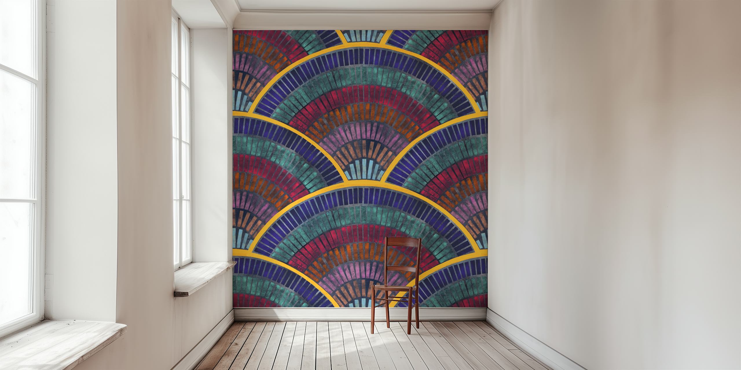 Geometric pattern in jewel tones: purple, teal, and gold wallpaper