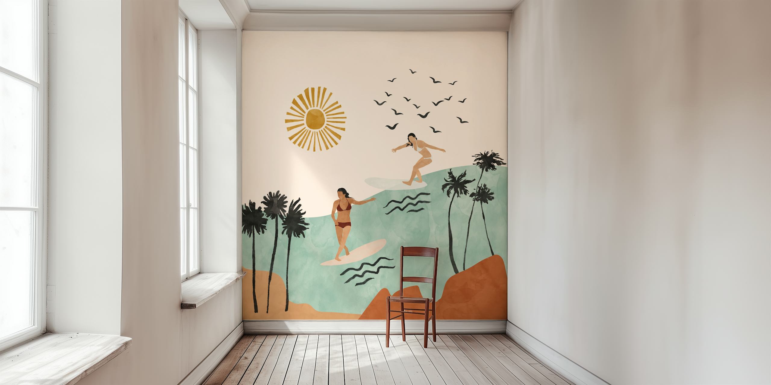Two women surfing on waves under a sun with palm trees wallpaper